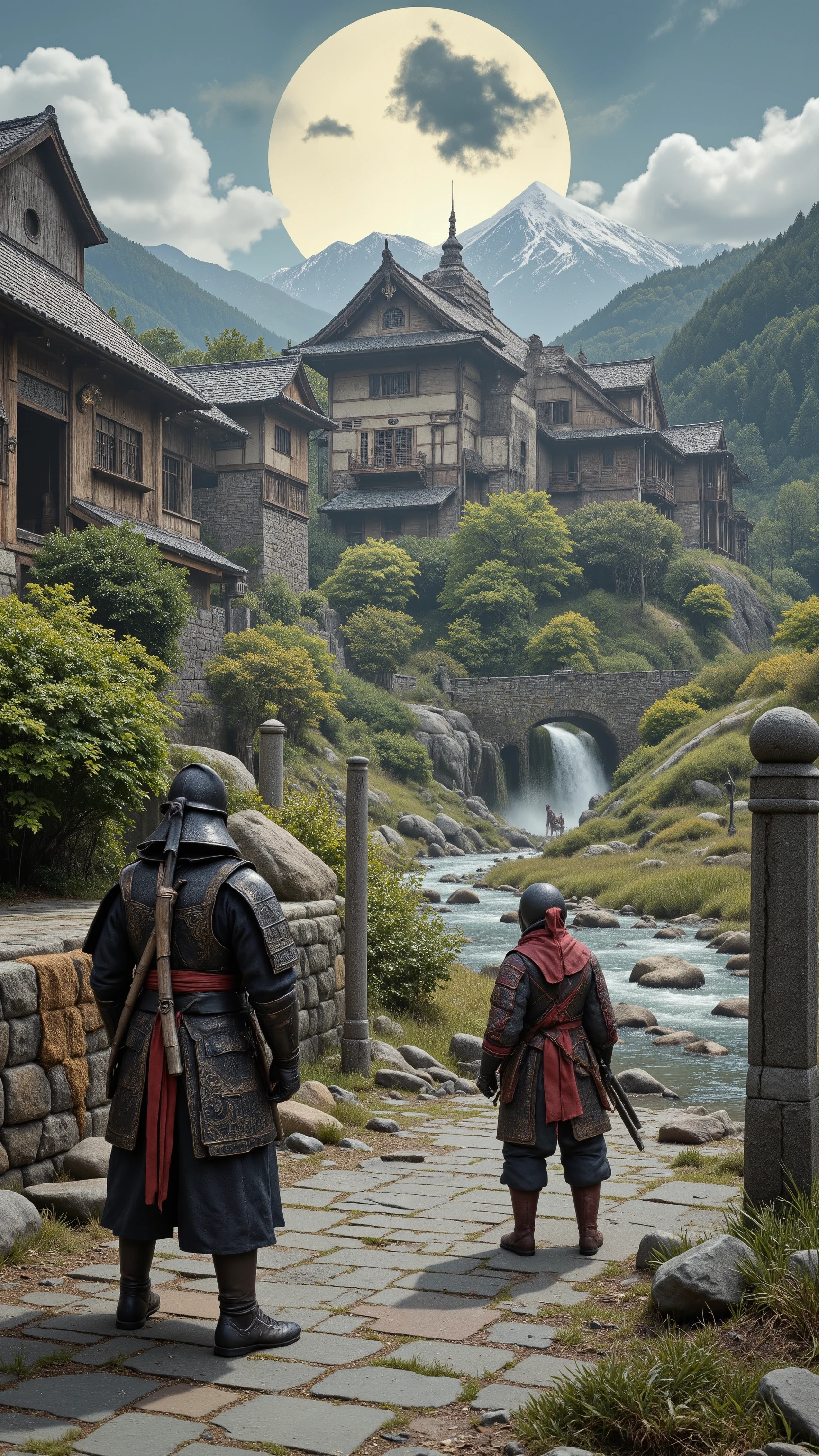 high-definition images、the Iga Ninja Rebellion during the Sengoku period、Iga is surrounded by mountains on all sides、it is a closed land with Ueno Basin、when Oda Nobunaga's army advances, there is a mansion near the river, and two male and female Iga ninjas stand in the way