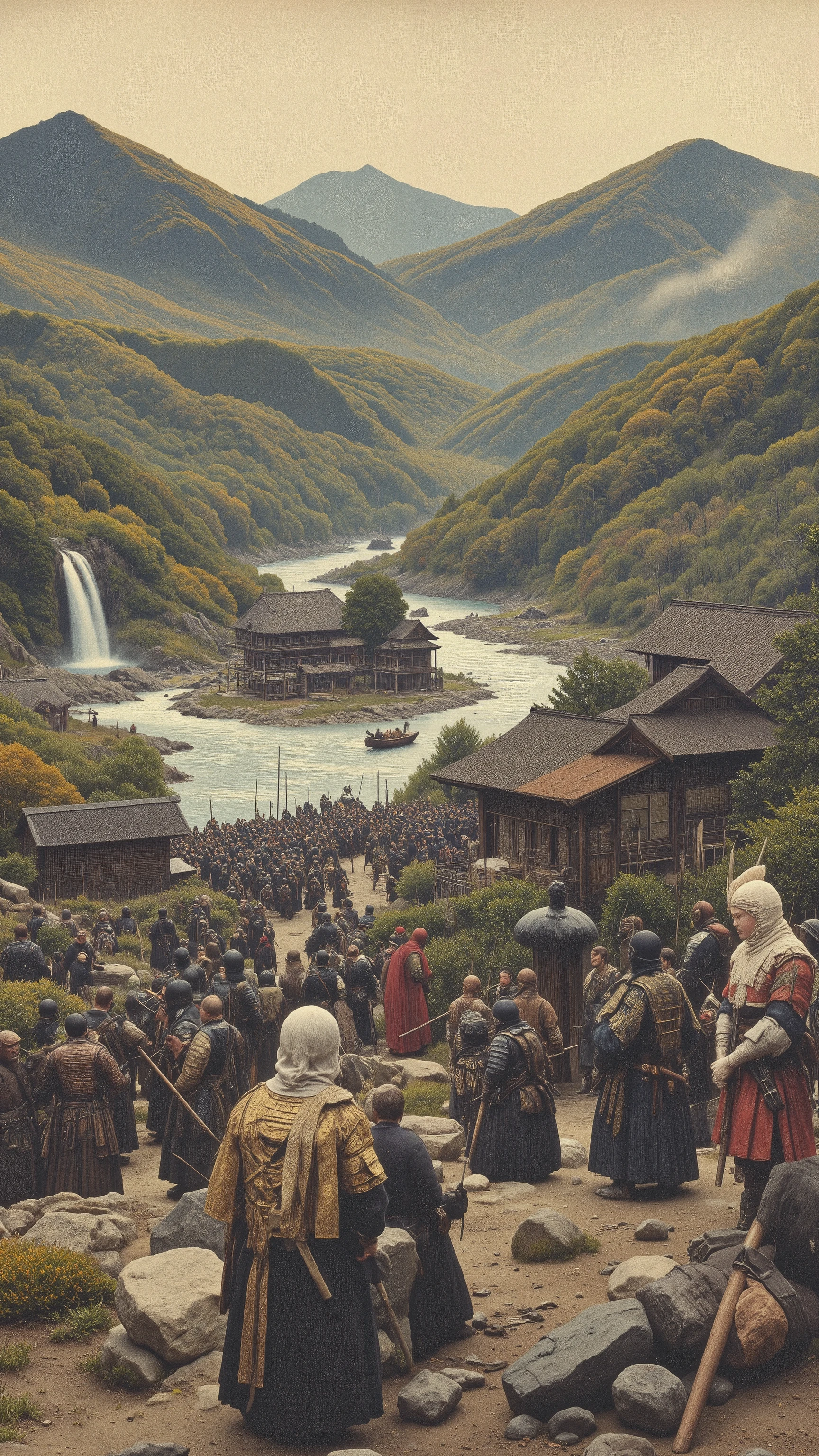 high-definition images、the Iga Ninja Rebellion during the Sengoku period、Iga is surrounded by mountains on all sides、it is a closed land with Ueno Basin、when Oda Nobunaga's army advances, there is a mansion near the river, and two male and female Iga ninjas stand in the way