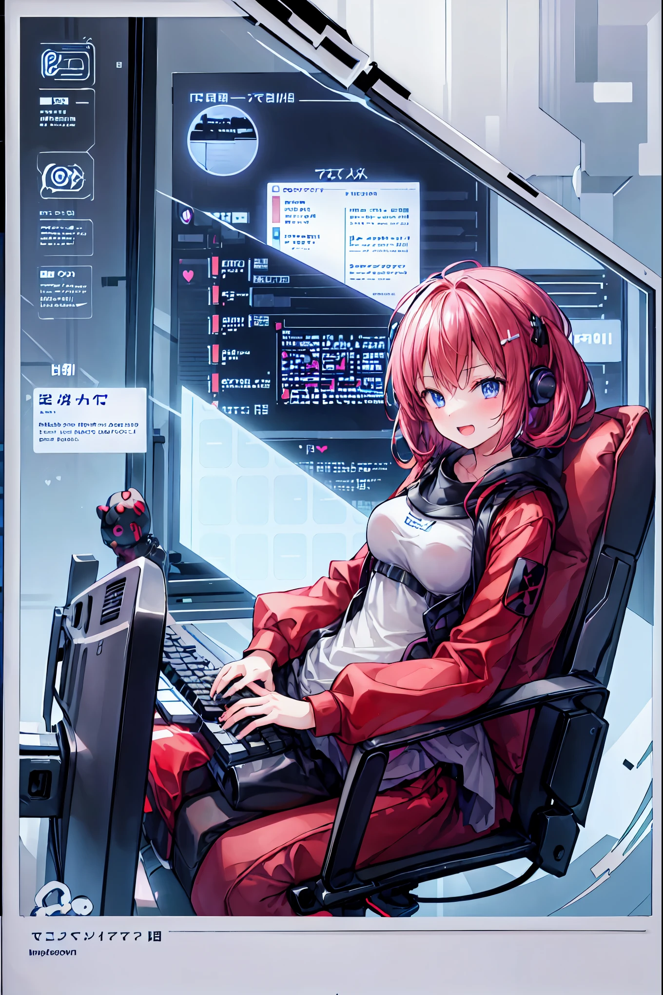 laughing,(Speaking Heart), happy, open your mouth, Candy in hand,MANIPULATE YOUR SCREEN LIKE A GAME,(((programming room interior))),EXTREME DETAIL DISPLAY,EXTREME DETAIL DRAWING,typing speedy two hands,IMMERSE YOUR SCREEN,Anime breaking through the digital space,Digital Illustration,Cyberpunk, future,cowboy shot, network ,(((PRIVATE PC ROOM))),(((giant pc monitor))),(((multiple monitors))),((girl operating keyboard)),ピース✌️サインをするhacker,hacker,Depict the keyboard accurately,hacked,(スイートhacker),(((is putting a keyboard on her lap))),hacker, Multi Display,