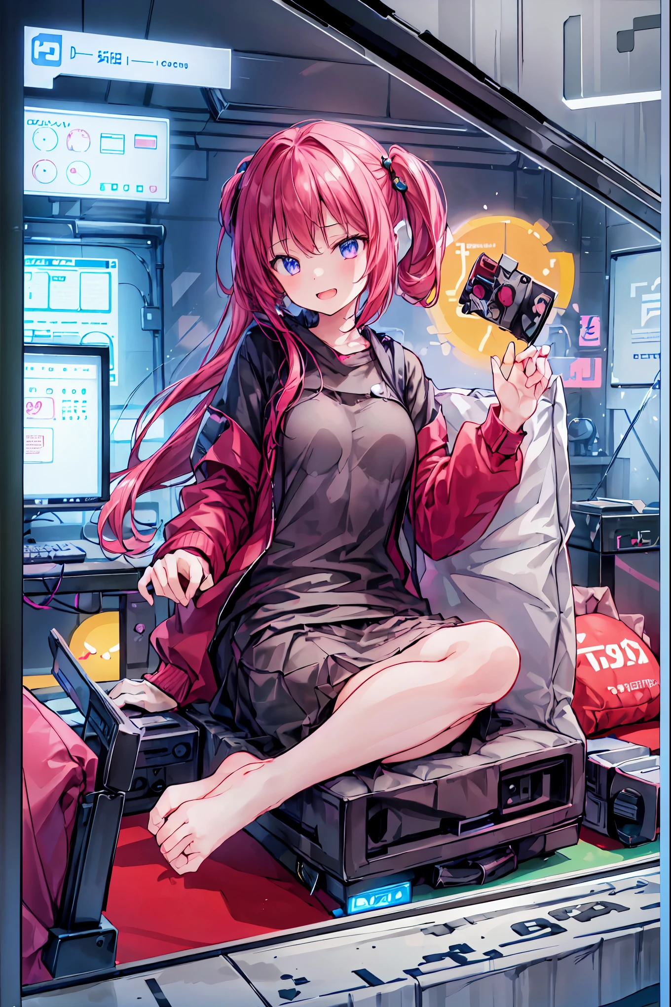 laughing,(Speaking Heart), happy, open your mouth, Candy in hand,MANIPULATE YOUR SCREEN LIKE A GAME,(((programming room interior))),EXTREME DETAIL DISPLAY,EXTREME DETAIL DRAWING,typing speedy two hands,IMMERSE YOUR SCREEN,Anime breaking through the digital space,Digital Illustration,Cyberpunk, future,cowboy shot, network ,(((PRIVATE PC ROOM))),(((giant pc monitor))),(((multiple monitors))),((girl operating keyboard)),ピース✌️サインをするhacker,hacker,Depict the keyboard accurately,hacked,(スイートhacker),(((is putting a keyboard on her lap))),hacker, Multi Display,