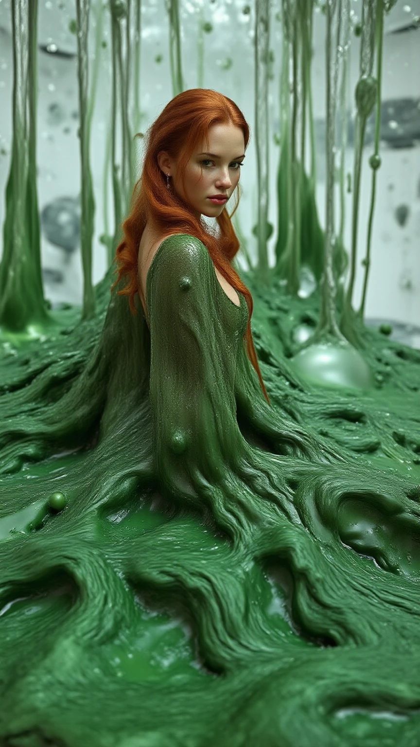 A  woman, viscous green skin, sea shells cover her naughty bits (safe for work), octopus head,  poses, tentacle slime pit,  female Cthulu
