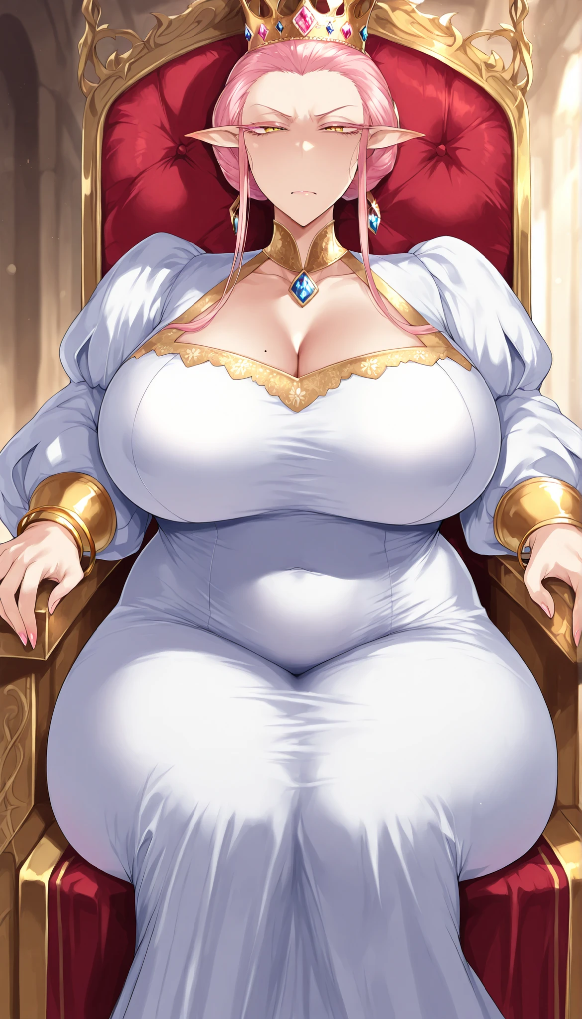 Milf, mature woman, pink hair, long hair, Long Hair, pink eyelashes , big eyelashes, thick eyelashes, yellow eyes, Tall woman, gold crown, correct anatomy, detailed hands, Proud woman, looking at the spectator, look of a lot of contempt, 4k, look of a lot of contempt, High resolution, detailed face, detailed eyes, millionaire woman , gold bracelet , Queen, Beautiful woman, pink eyelashes, Queen, ropa de Queen, vestido medieval de Queen, Woman to impose, on you a very disgusting face, Proud woman, medieval fantasy dress, black and white dress, Alone, pointy ears, eleven, Loose clothing, The best quality, Alone, Single woman, mature woman, A very proud look, proud look, very proud woman , look of contempt , A very proud look y mucho desprecio, look of superiority, Superior woman, A very proud look, angry face, look of pride and anger, slicked back hair, slicked back hair, pink eyelashes exageradamente gruesas, extremely thick eyelashes, age wrinkles , throne, Hidden neckline, 50-year-old woman, look of disgust, Look of a lot of disgust, hair bun