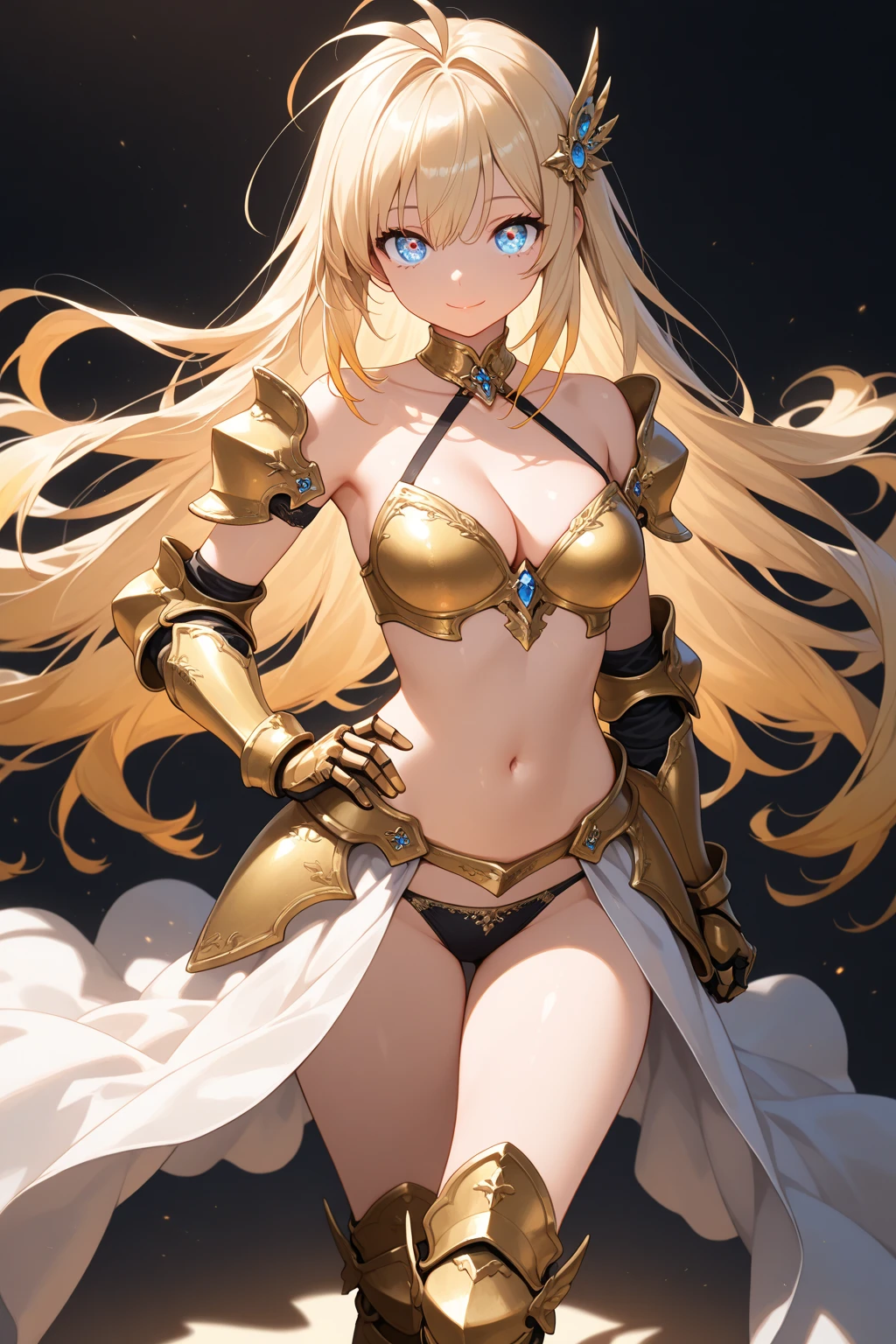 quality、image quality、masterpiece、Girl vs((18 years old、best bust、big bast、Bust 85,Beautiful golden eyes open,A blonde long-haired、A slender one、Large Valleylack and gold bikini、Golden cloak,Reflecting the whole body、Arms spread wide、A gold ring on the wrist、从你手中射出salama)）高quality、beautiful art、Background with((nigh sky、dark cloude、salama、Intense thunder、thunderclap、red thunder、蓝色salama、Golden Thunder)))On the table、visual art、depth of fields、sky at night