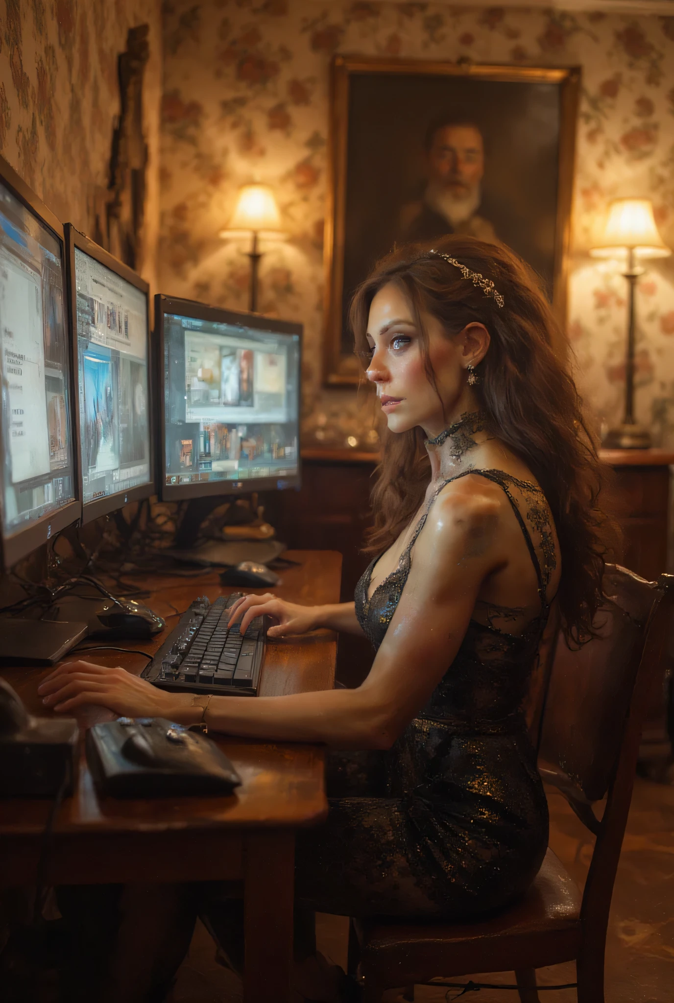 beautiful woman typing on a computer keyboard while looking at multiple monitors in the room、The room has floral wallpaper、well-equipped wooden furniture and furnishings、Her clothes are elegant and elegant