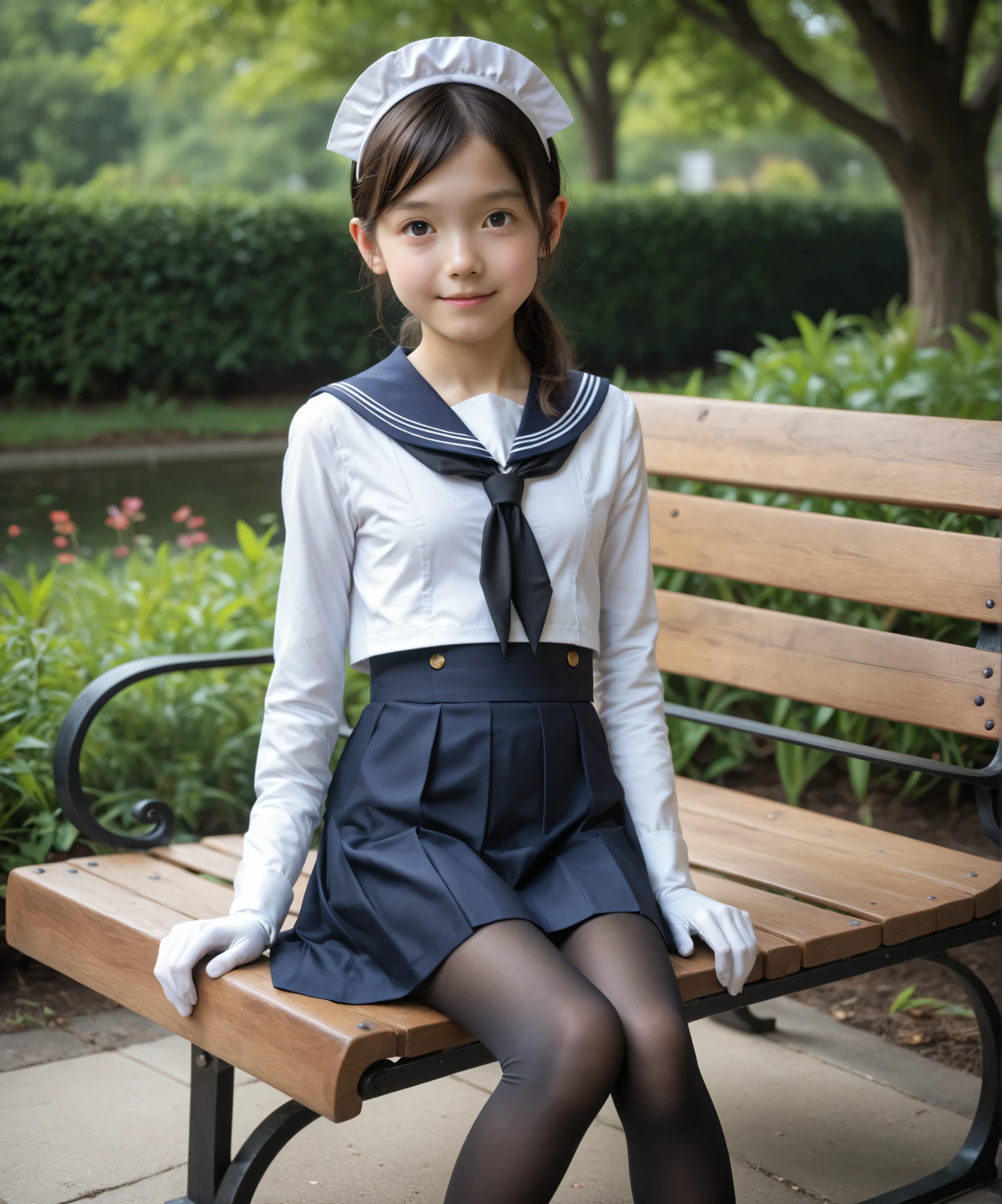 score_9, score_8_up , score_7_up , Realistic, Picture, detailed face and eyes, detailed skin,cute girl with detailed and round eyes,long sleeve sailor suit cosplay visible when closed , maid cap ,white gloves, navy knee-length skirt visible when closed,20 years old,cute girl with detailed and round eyes, masterpiece,4K,8k,16 kg,(:1.5),Hair tie, Holding, It continues to be very thin ,(slender:1.5),(skinny:1.3),(toddler wearing top_body:1.2),(younger:1.5), Small buttocks, thin thighs, slender body, black tights for hypnosis, dark haired,ponytail, black loafers,no panties, big boobs,thin body,younger,かわいいyounger女の子,narrow shoulder width, Realistic,Japan