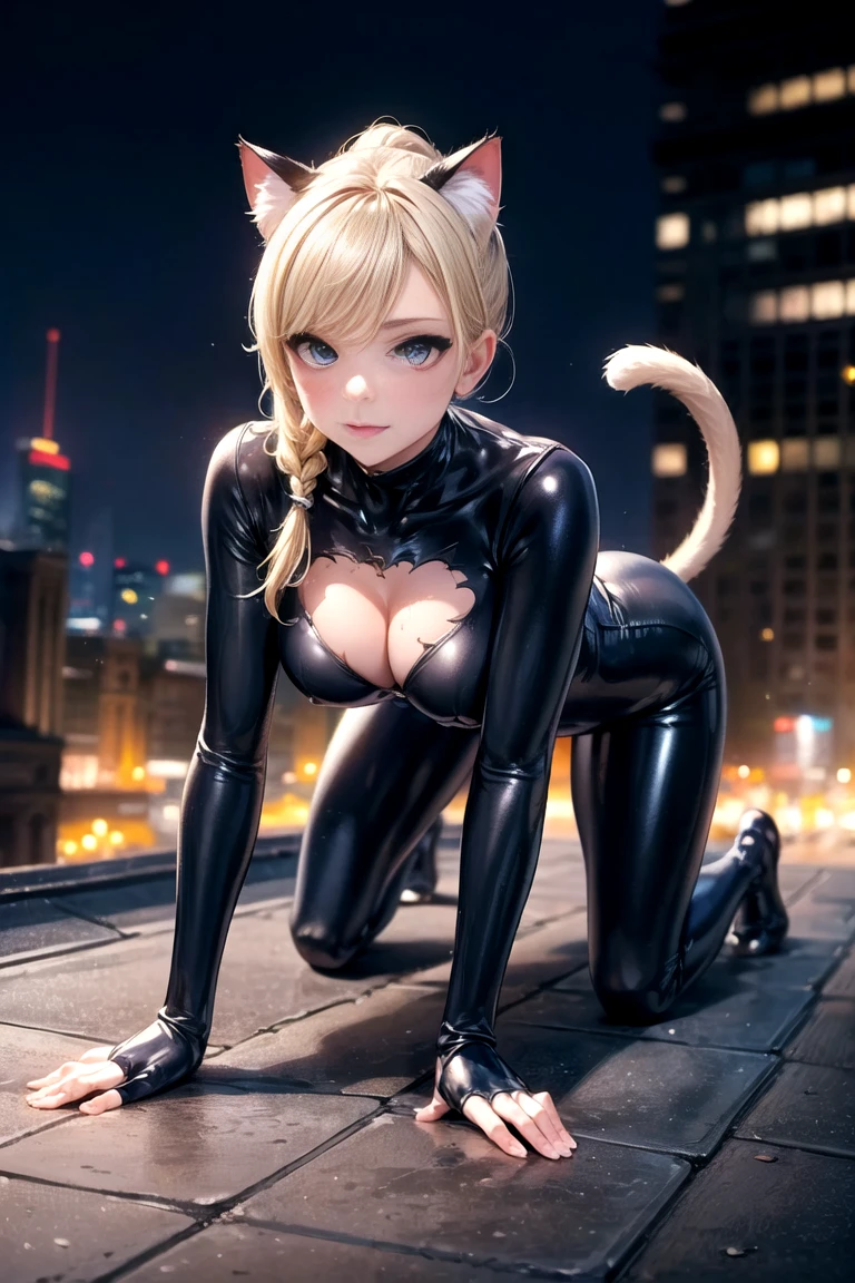 realisticlying、18 year old girl、Face Real、Large-scale depiction of a person ????????????, kneeling and sticking his ???? out、portrait closeup、Body emphasis(Wearing a full-body tiger-print ????????、Long wavy blonde hair、A dark-haired、The face smiled、Theater stage、???? Posing