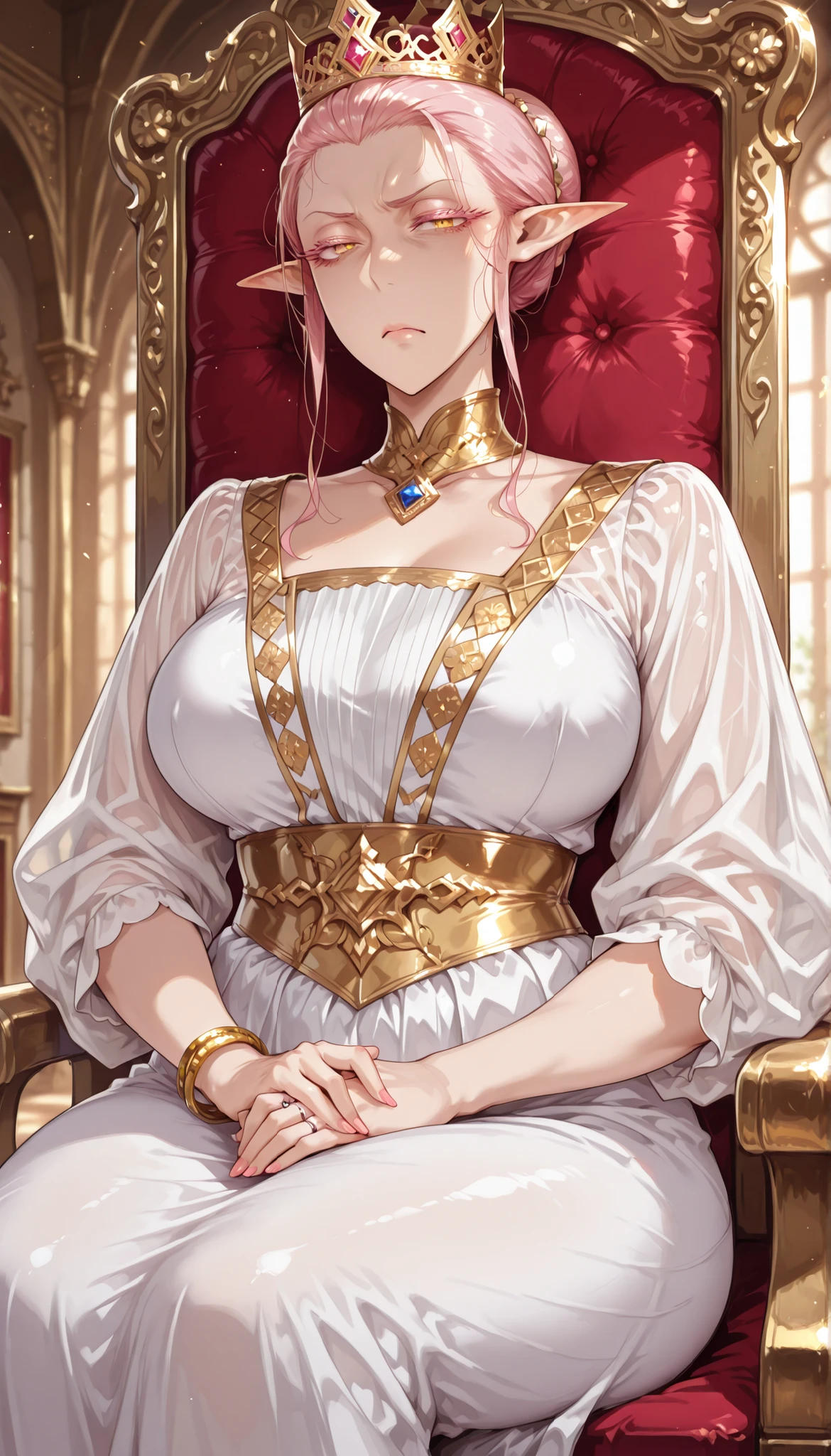 Milf, mature woman, pink hair, long hair, Long Hair, pink eyelashes ,  big eyelashes, thick eyelashes, yellow eyes,  Tall woman, gold crown, correct anatomy, detailed hands, Proud woman, looking at the spectator,  look of a lot of contempt, 4k,  look of a lot of contempt, High resolution, detailed face, detailed eyes, millionaire woman ,  gold bracelet , Queen, Beautiful woman, pink eyelashes, Queen, ropa de Queen, vestido medieval de Queen, Woman to impose, on you a very disgusting face, Proud woman, medieval fantasy dress, black and white dress, Alone, pointy ears, eleven, Loose clothing, The best quality, Alone, Single woman, mature woman, A very proud look, proud look,  very proud woman ,  look of contempt , A very proud look y mucho desprecio,  look of superiority, Superior woman, A very proud look,  angry face, look of pride and anger, slicked back hair, slicked back hair, pink eyelashes  exageradamente gruesas, extremely thick eyelashes, age wrinkles , throne, Hidden neckline, 50-year-old woman, look of disgust, Look of a lot of disgust, hair bun, wedding ring 