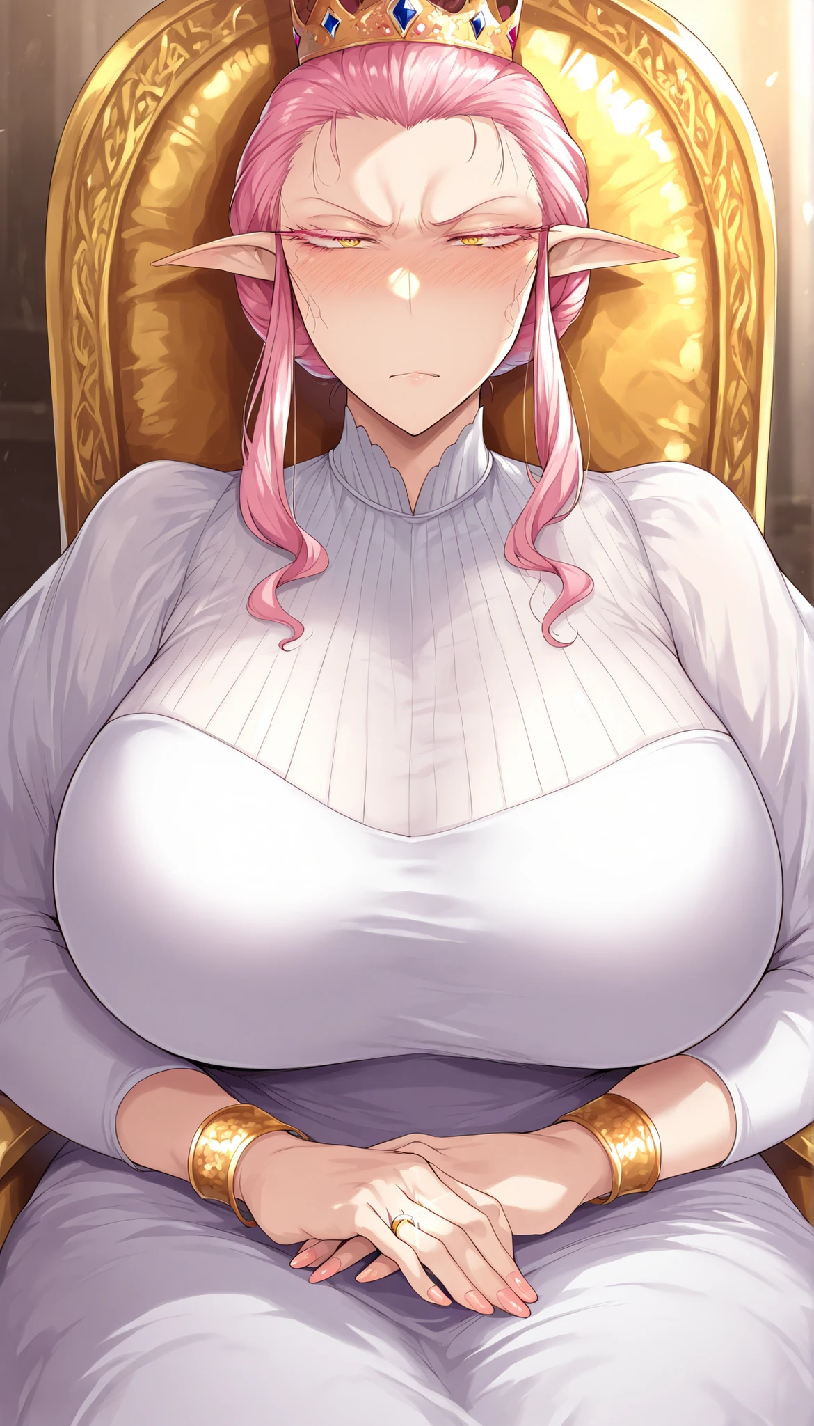 Milf, mature woman, pink hair, long hair, Long Hair, pink eyelashes , big eyelashes, thick eyelashes, yellow eyes, Tall woman, gold crown, correct anatomy, detailed hands, Proud woman, looking at the spectator, look of a lot of contempt, 4k, look of a lot of contempt, High resolution, detailed face, detailed eyes, millionaire woman , gold bracelet , Queen, Beautiful woman, pink eyelashes, Queen, ropa de Queen, vestido medieval de Queen, Woman to impose, on you a very disgusting face, Proud woman, medieval fantasy dress, black and white dress, Alone, pointy ears, eleven, Loose clothing, The best quality, Alone, Single woman, mature woman, A very proud look, proud look, very proud woman , look of contempt , A very proud look y mucho desprecio, look of superiority, Superior woman, A very proud look, angry face, look of pride and anger, slicked back hair, slicked back hair, pink eyelashes exageradamente gruesas, extremely thick eyelashes, age wrinkles , throne, Hidden neckline, 50-year-old woman, look of disgust, Look of a lot of disgust, hair bun, wedding ring