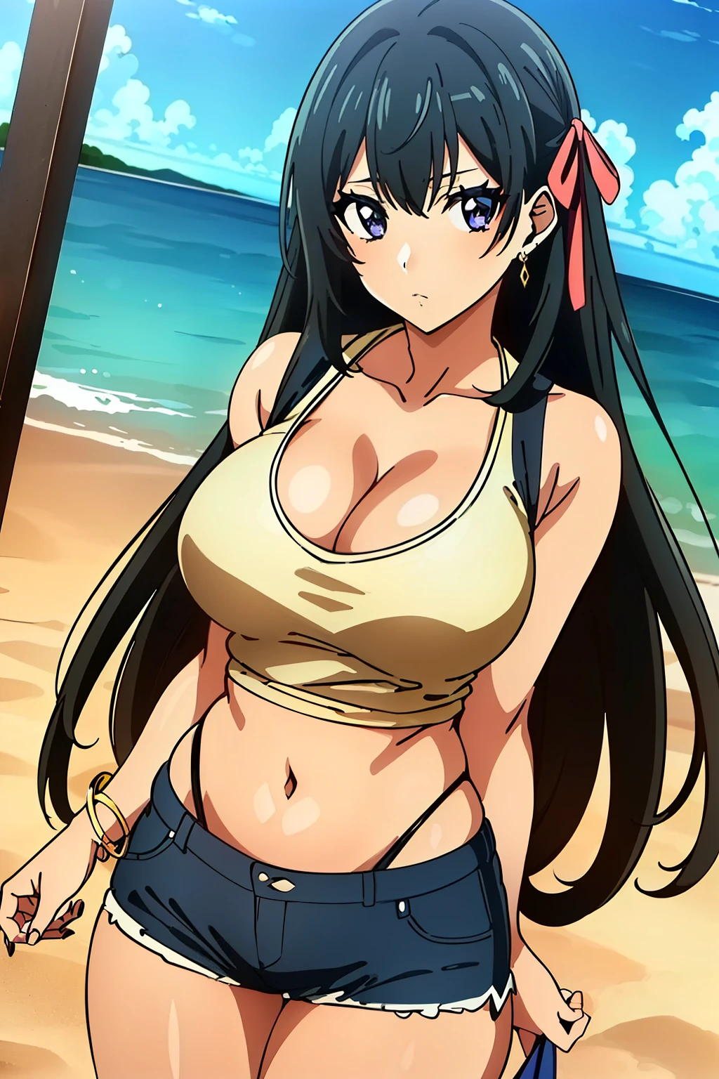 (masterpiece, best quality, high resolution, 8k:1.2), (anime coloring:1.3), highly detailed, sharp detailed, ultra high definition, (perfect character design:1.2), ((perfect face, perfect eye)), ((perfect hair style, perfect hair ribbon)), perfect body, beautiful body, beautiful skin, beautiful , beautiful legs, beautiful hands, perfect hands, beautiful finger, beautiful face, beautiful eyes, symmetrical eyes, kaede, 1 girl, solo, purple eyes, hair ribbon, black hair, long hair, bangs, (), ((expressionless)), (glamour), (:1.3), (tanned skin:1.1), (gal makeup, false eyelashes, gradient eyeshadow), (:1.3), (fingernails, nail polish), (collarbone, tank top, cleavage, navel, shorts, thighs, bracelet, jewelry, gal fashion), (japanese city, shibuya city, day, blue sky), looking at viewer, dutch angle, soft gradient eyeshadow, subtle fine shimmer, seamless blend, two-tone layered eyeshadow technique,