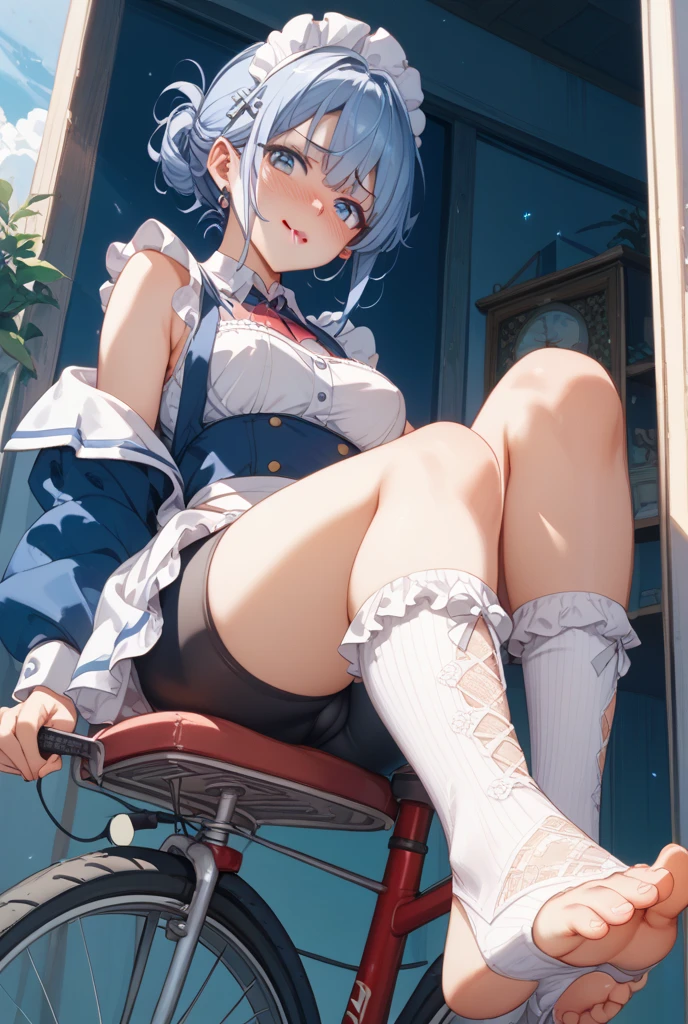 （（ best quality， 12k， masterpiece ：2））， Beautiful woman with perfect figure ：70.2，slim abs ：12，????????????：70，Leg lines：3，Body high：720 cm，头发The long度：700 cm，huge ???，Thick thighs,??????????? and thin waist，high socks，light blue hair，头发The long得离谱，Cat ear，black socks，The long，Blue eyes smile，The long腿，（（round frame glasses，Uniforms，Sailor suit，pleated skirt，Red bow）），Glowing blue eyes，sitting in a tall building，City，floor，balcony