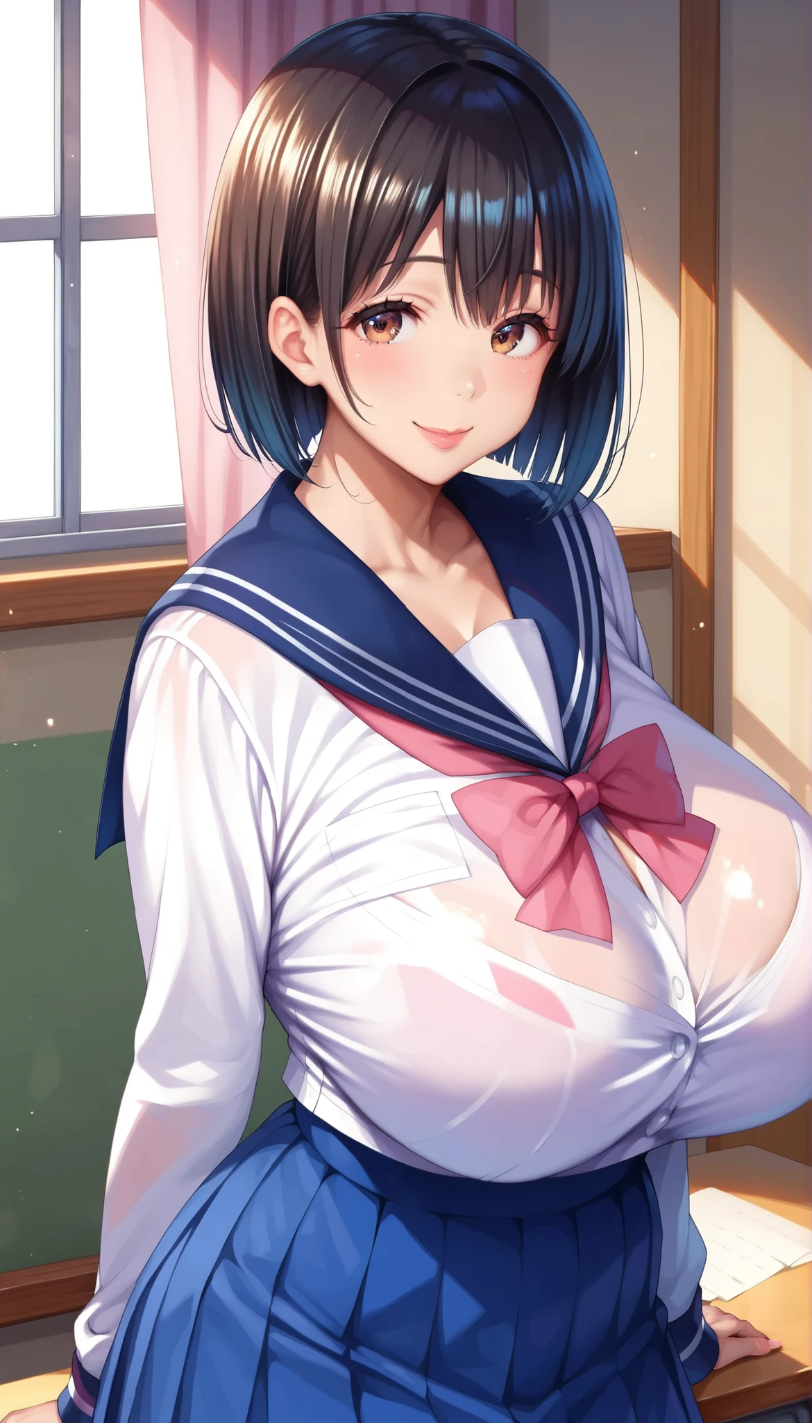 One Girl, Amanirico,  Open_mouth, smile, School_uniform, Closed_eye, mailbox, Sailor_collar, serafuku, length_sleeve, length_hair, alone, shirt, hair_Between_eye, :d, green_Sailor_collar, 前hair, alone_concentrated, white_shirt, （:1.5）