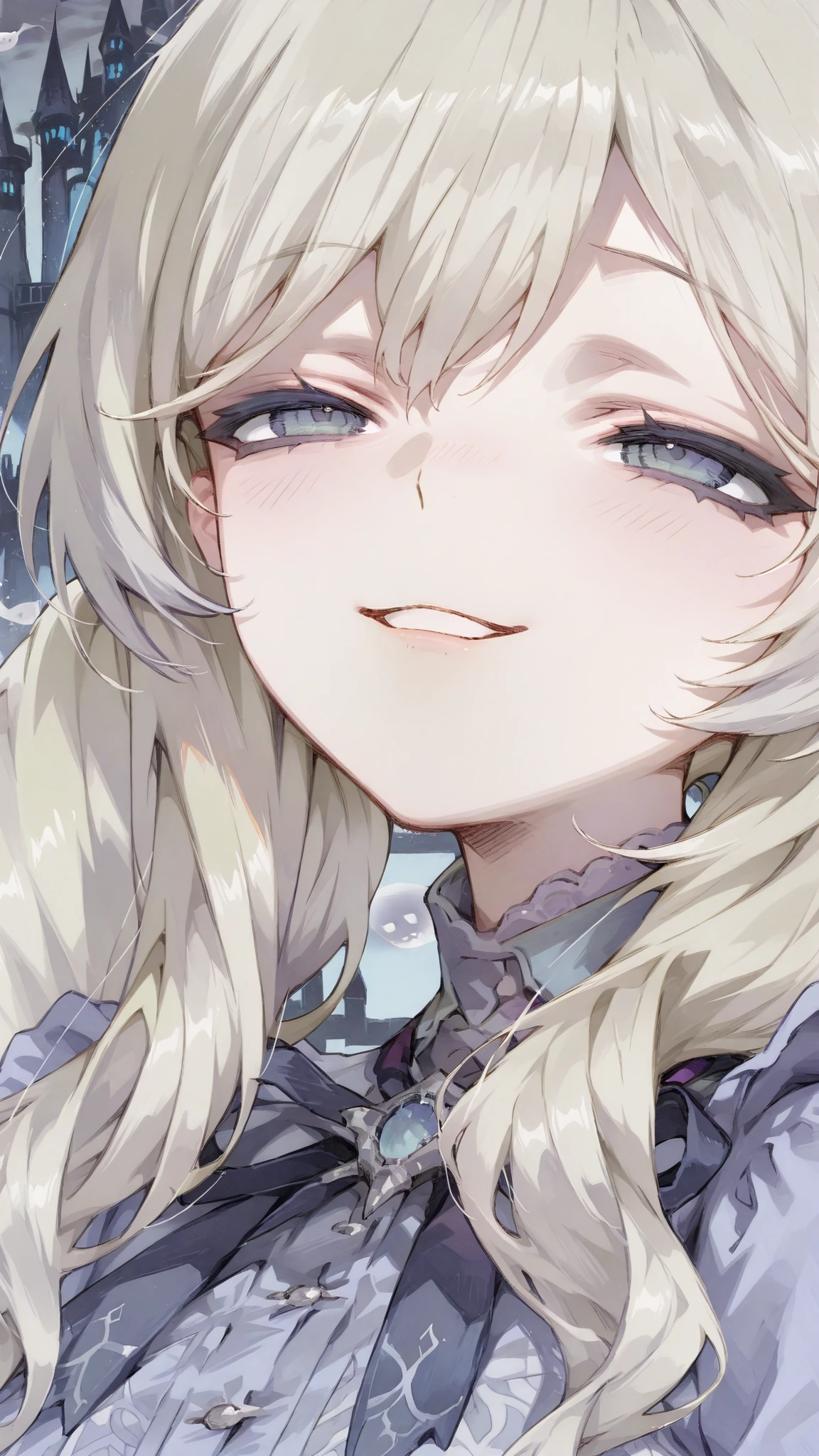 Haunted Castle,Abandoned castle,Ghost Princess in a Navy Blue Dress,silver hair,long hair,twin tails,Vertical roll,Fluttering in the Wind,(((((upper body close-up,Gentle smile)))))