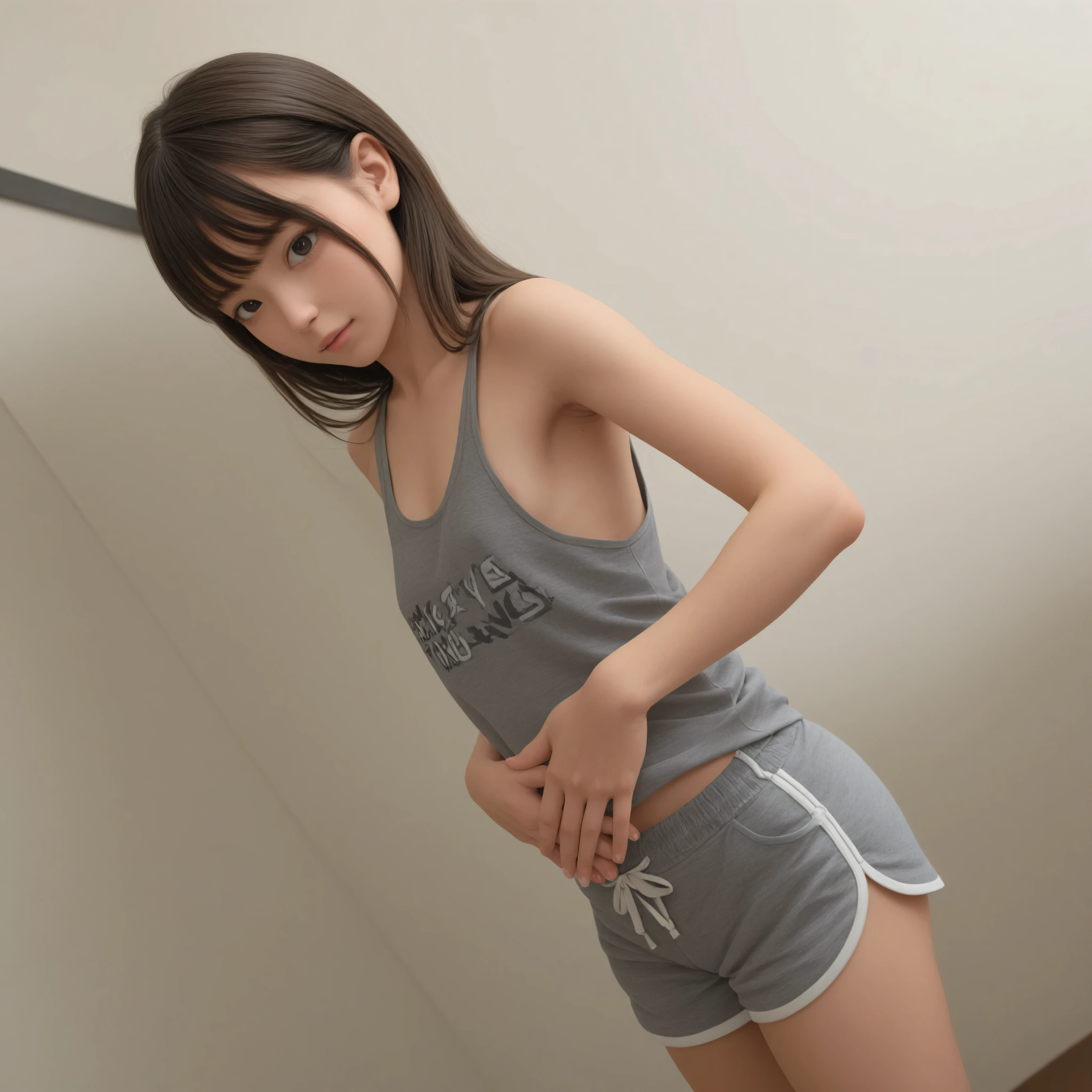 one girl、are wearing tank tops、raise your hand and look at your armpits taken from behind,Rating_Safety,(skinny:0.33),(younger:0.65),Restrained by 、Look at the audience,japanese,(Smile Yang:0.18)