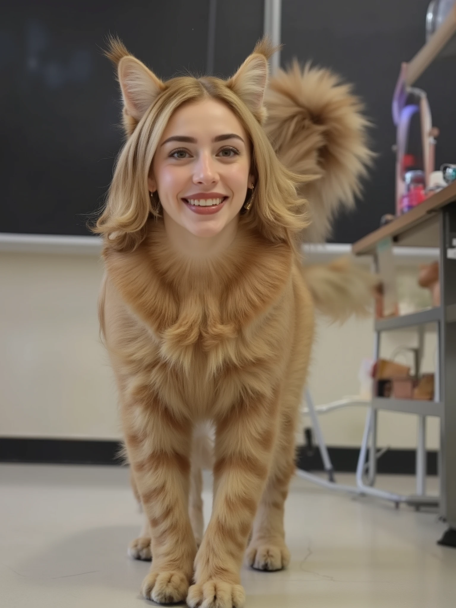 chica híbrida, Full body of the cat, Head of a female , big cat ears and a long fluffy cat tail; blonde with very long hair tied in a fluffy ponytail and ribbon, earrings; 22-year-old teacher, Face with a smile; Has a front view of 4 legs and a full body, in her classroom in front of the blackboard, bright school environment. Walking on 4 legs on the floor