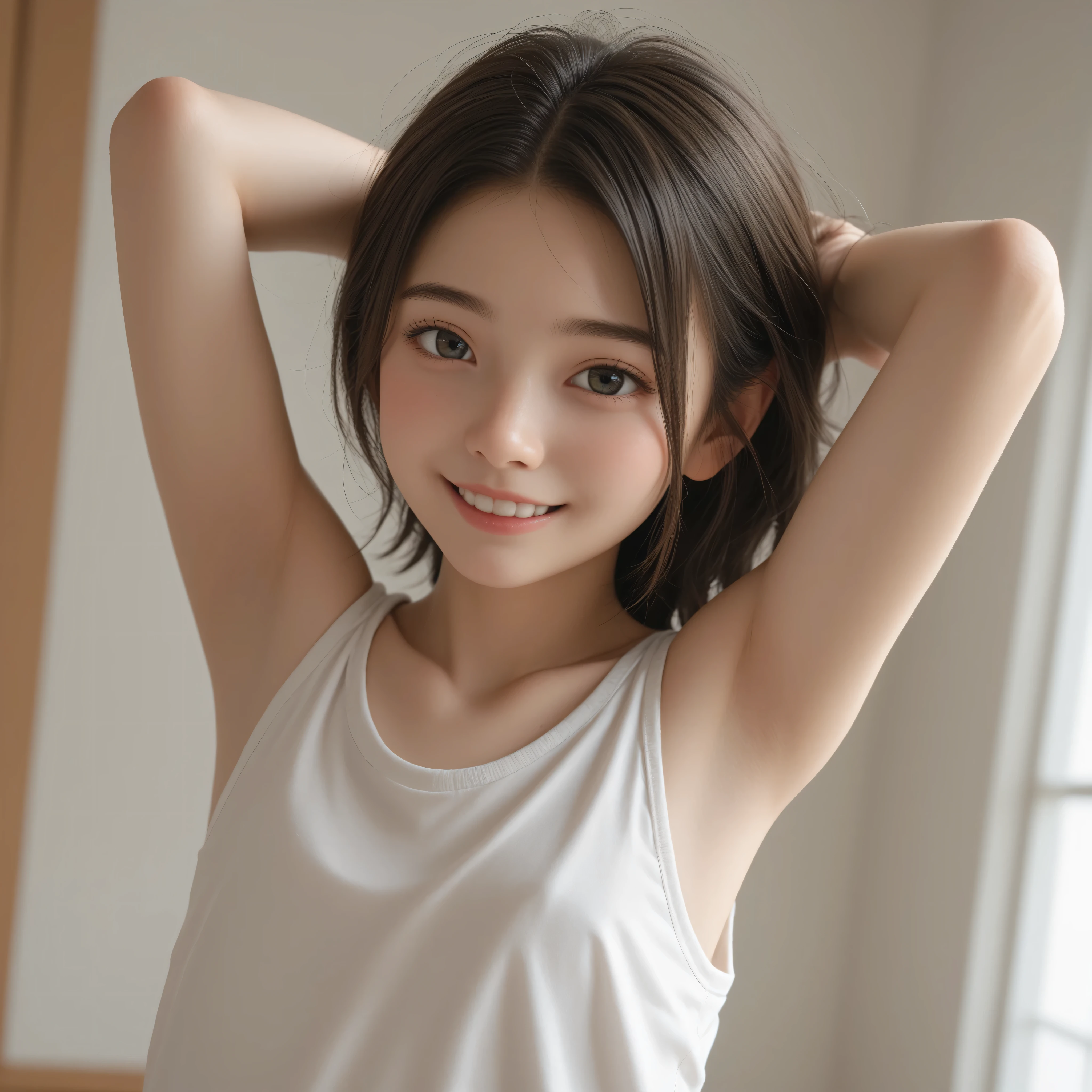 one girl、are wearing tank tops、raise your hand and look at your armpits taken from behind,Rating_Safety,(skinny:0.19),(younger:1.00),Restrained by 、Look at the audience,japanese,(Smile Yang:0.90)