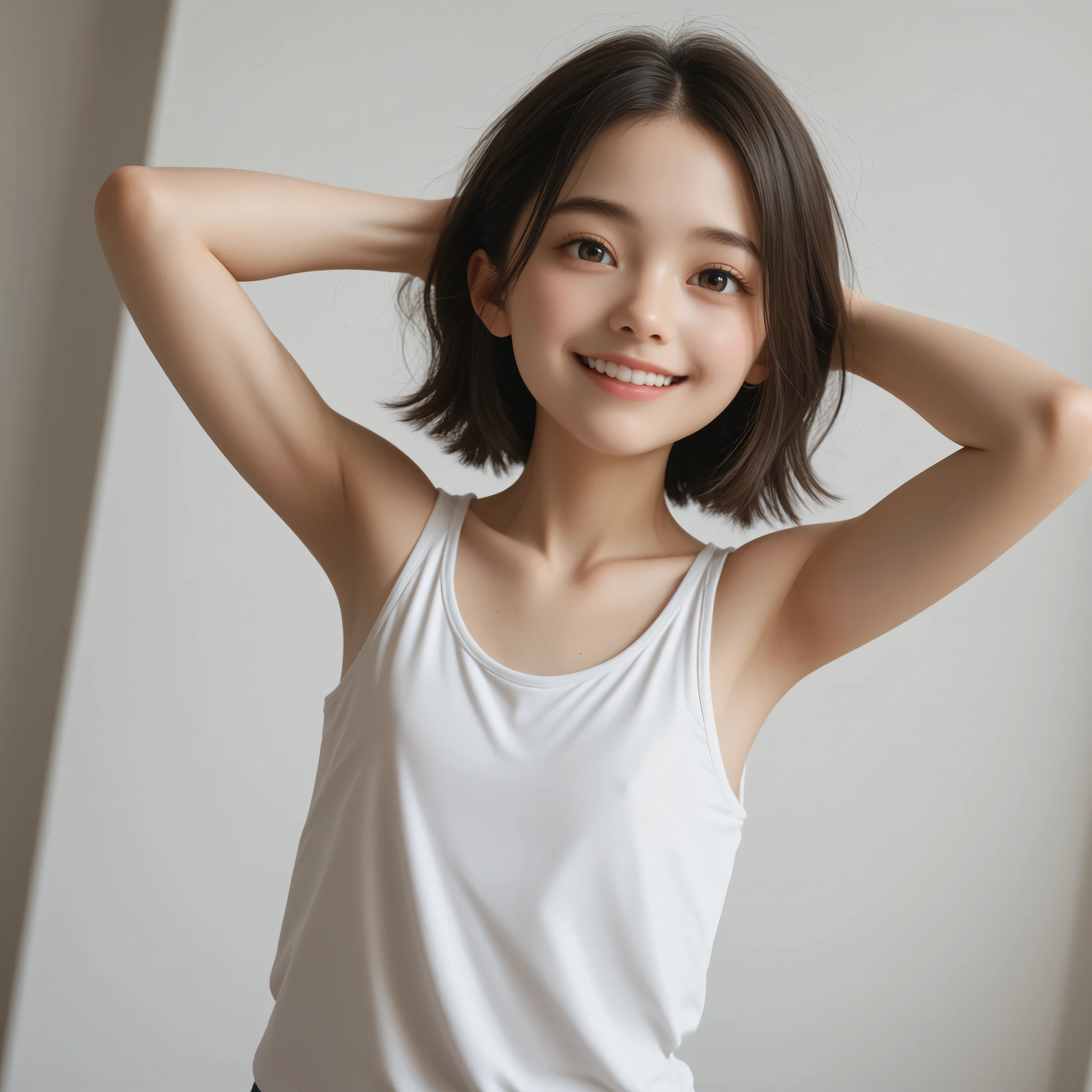 one girl、are wearing tank tops、raise your hand and look at your armpits taken from behind,Rating_Safety,(skinny:0.19),(younger:1.00),Restrained by 、Look at the audience,japanese,(Smile Yang:0.90)