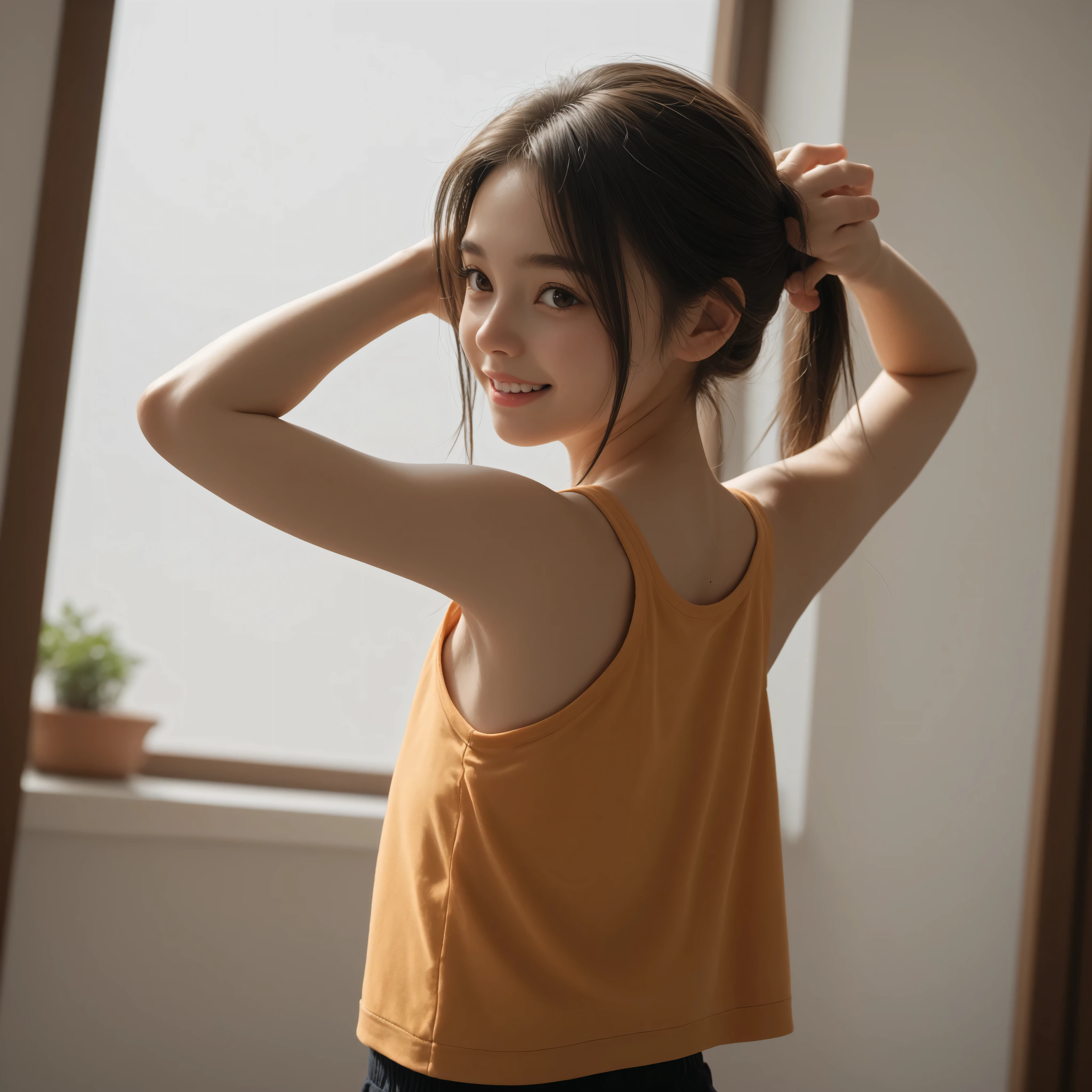 one girl、are wearing tank tops、raise your hand and look at your armpits taken from behind,Rating_Safety,(skinny:0.19),(younger:1.00),Restrained by 、Look at the audience,japanese,(Smile Yang:0.90)