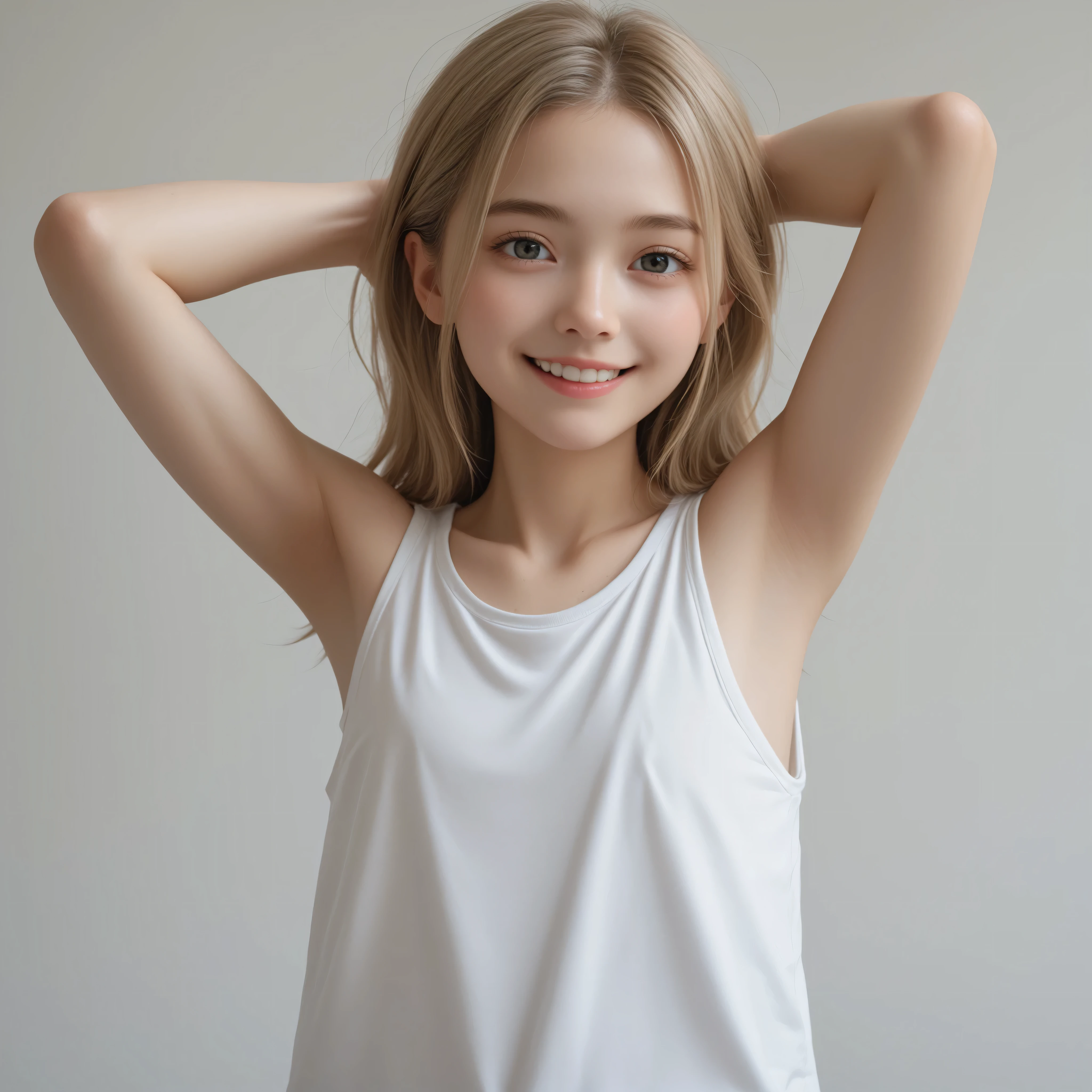 one girl、are wearing tank tops、raise your hand and look at your armpits taken from behind,Rating_Safety,(skinny:0.19),(younger:1.00),Restrained by 、Look at the audience,japanese,(Smile Yang:0.90)