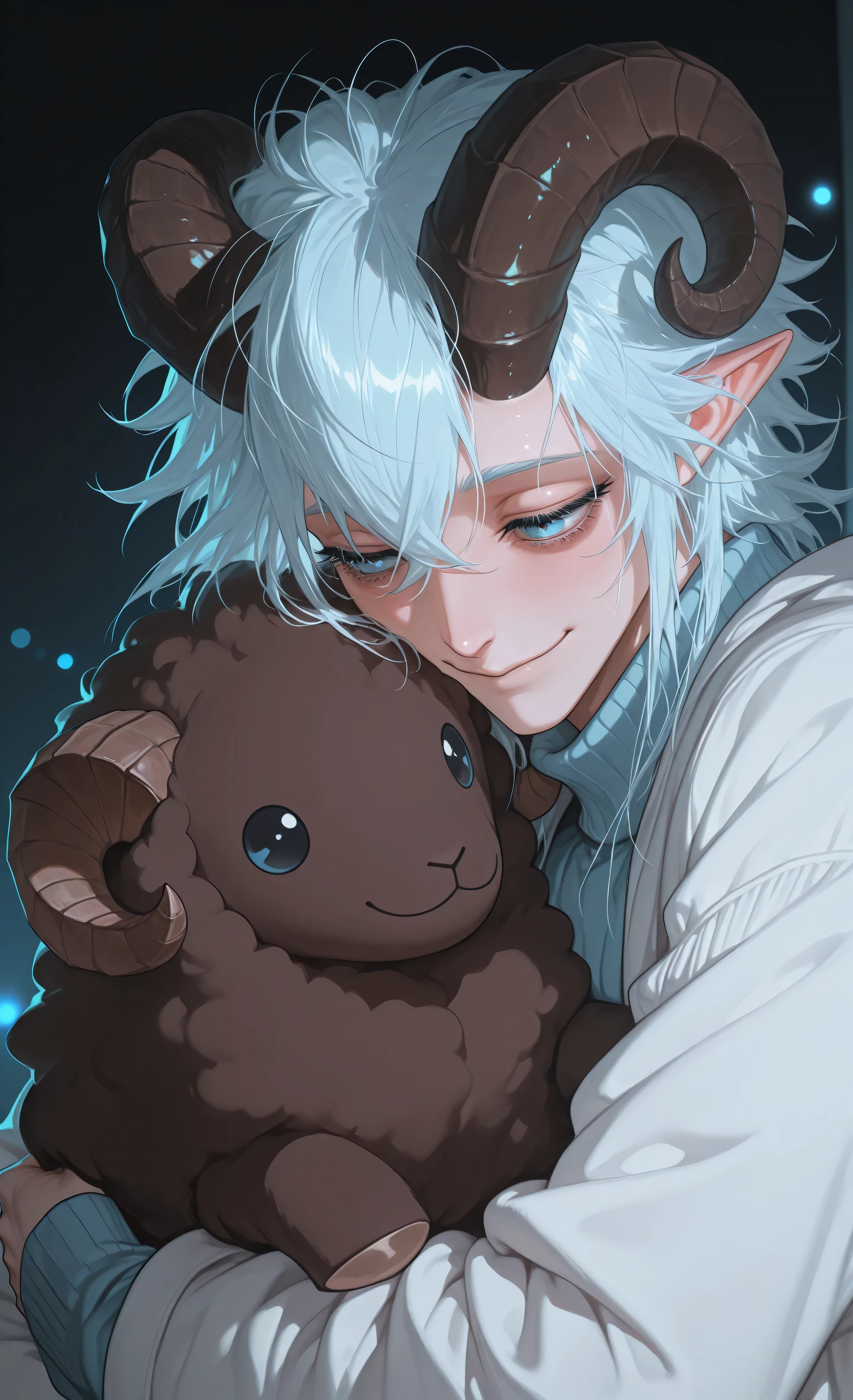 glowing, (moody lighting, dramatic shadows, bloom lighting, colored shadows), (masterpiece:1.3, 8k:1.3, Highest quality:1.3, detail:1.3, high resolution:1.3, digital painting, super detail, 1male, solo, rough facial features, hip-high frame), (sharp focus, soft anime style, delicate coloring, dreamy atmosphere, soft lighting),
1boy, solo, young male, fair skin, (possibly East Asian descent), gentle expression, (fluffy light blue and white hair:1.3), (large brown ram horns), (delicate expressive blue eyes), long eyelashes, (slightly visible eye bags), (ram-like features),
wearing: (pale blue sweater), soft fabric,
action: (cradling a plush sheep in his arms), (hugging it close to his chest), (affectionate expression), looking down, warm smile,
plushie description: (mirrors his facial features), (has small brown ram horns), (fluffy white coat),
setting: (bright sunny day in a park), soft green foliage, bokeh background, close-up composition, waist-up shot, capturing a tender moment, atmosphere of affection and comfort