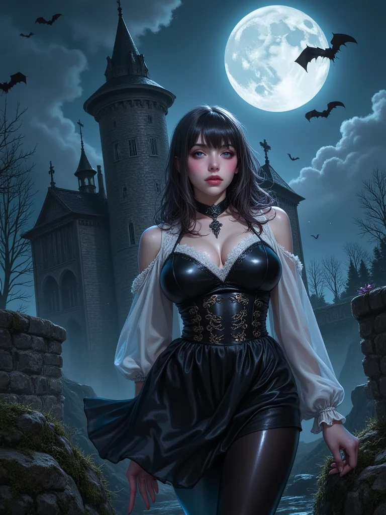 (A high resolution:1.2),(realistic:1.37),devil girl,Pet Wolf,Dark Fantasy,enchanted forest,Magical powers,Brilliant eyes,Demonic Traits,black raincoat,ominous atmosphere,Moonlight night,sharp fangs,pale skin,ominous shadows,Detailed facial expressions,dark curls,a nightmare,pursuing,Gothic aesthetics,Ferocious Companion,bright colors,Dangerous beauty,Breathtaking view,A sinister aura,Creature of the Night,enchanted connection,A Loyal Protector,Reflection of the Moon,The Dark Figure,ethereal,mythical,otherworldly,Mesmerizing presence