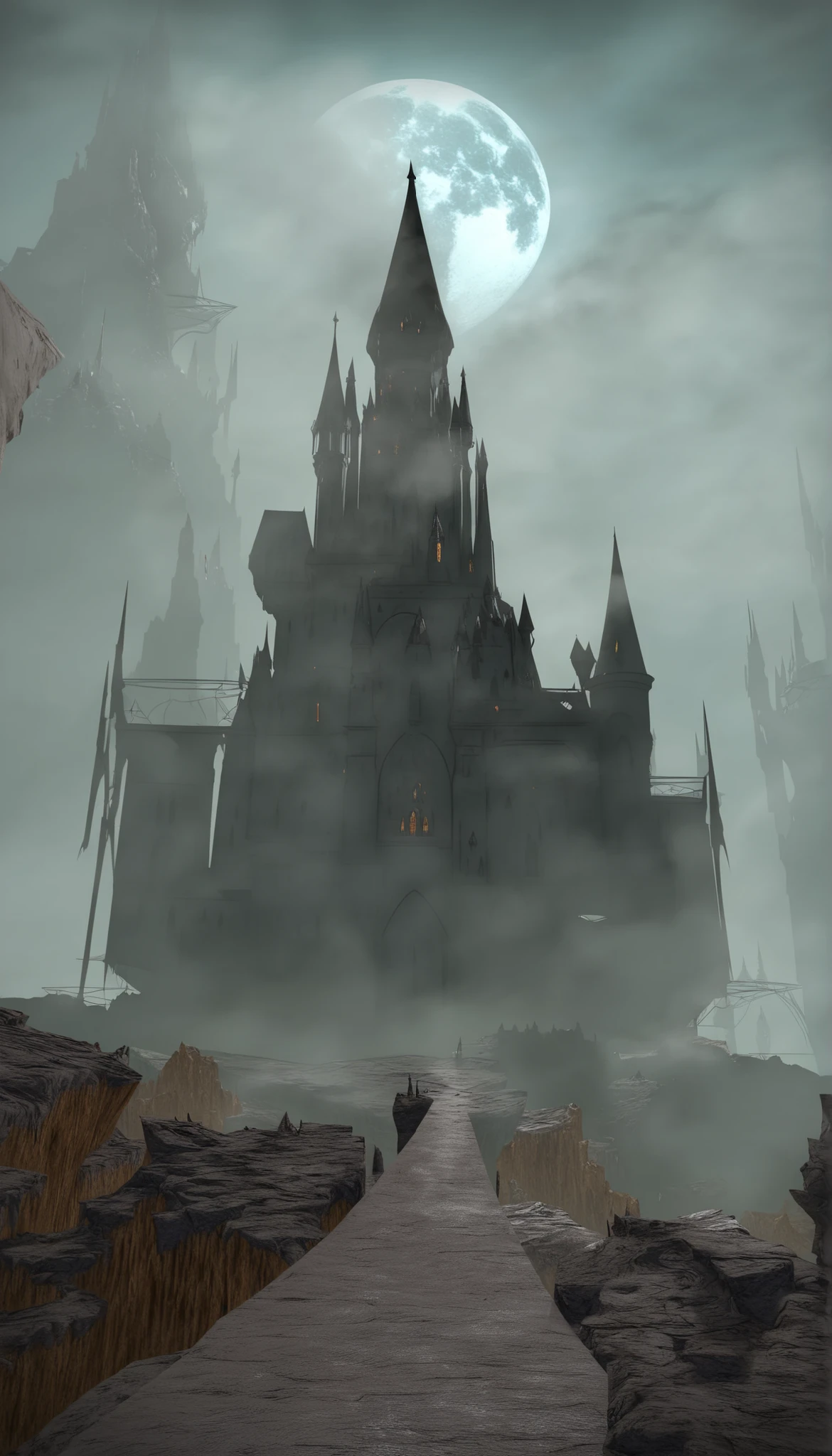 ((girl walks to distant old fortress, haunted castle, eldritch building, coastal fort, cliffside fortress, landscape focus, eerie scenery, midnight, full moon)), masterpiece, detailed_eyes, high_quality, best_quality, highres, absurdres, 8k, score_9, 1girl, Western features, white girl, ((youth, slender body, young model)), ((short girl), (4k, 8K), brown hair, long hair, ((even fringe, blunt bangs)), small hair intakes, full lips, (brown eyes), dark brown eyeshadow, dark eyeliner, teal nails, weary expression, lidded eyes, backless dress, ((stone walls, rusted iron gate, fort covered in kudzu, cliffside, green skies, wispy pink cirrus clouds, yellow waves, stormy sea, surreal scene)), from behind, asymmetrical composition, green roof, yellowed walls, towering cliff, fortified mansion, fog, mist, ((Baallore))