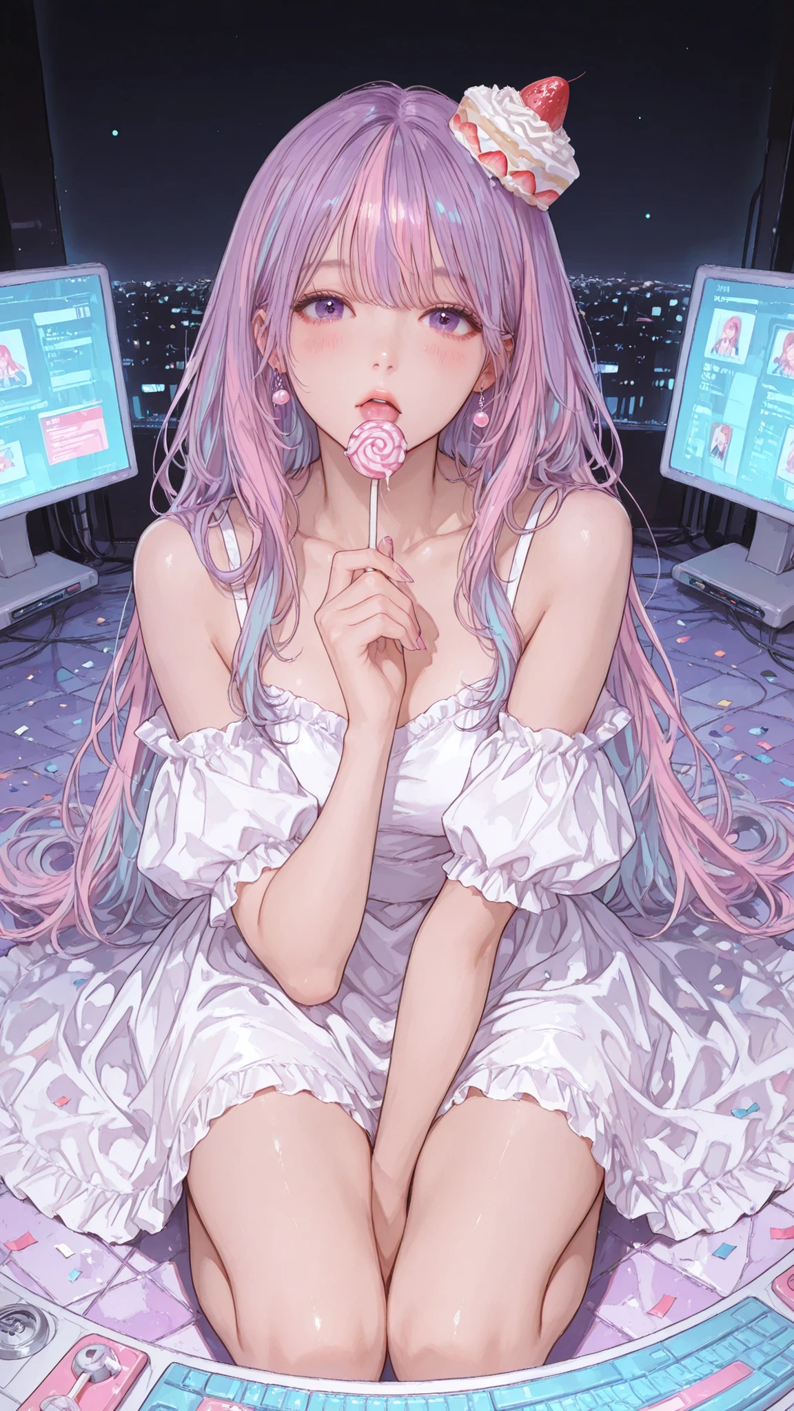 a hyper-realistic full-body portrait of the ultimate “sweet hacker” woman, emerging gracefully in a magnificent cake dress whose cascading creamy frosting layers are lavishly decorated with vivid pastel strawberries, neon sugars, and candy blossoms. perched on her head is a whimsical mini-tiered cake hat sprinkled with playful confetti. she stands before a constellation of floating holographic displays suspended in midair, gaze fixed on the interfaces as one hand rests elegantly on a sleek futuristic holographic keyboard, fingers dancing across luminous keys, orchestrating a dazzling cyber intrusion, while her other hand holds a pastel swirl lollipop candy with a candy-striped stick near her lips. her flawless luminous skin radiates exquisite softness, her ultra-beautiful face framed by flowing silken hair, and her sensual, elegant silhouette exudes irresistible allure. her expression blends happiness with shy embarrassment, cheeks softly flushed. the displays visualize her network breach as if it were a game—firewall gates unfolding, progress bars filling, sugar-light packets racing through glowing grid architectures. the scene is set in a surreal neon-drenched digital banquet hall, dreamlike and majestic, where candy confetti and data-fireflies sparkle in the air. cinematic FLUX-style lighting with soft bokeh, prismatic highlights, dynamic rim lighting, deep depth of field, and a dramatic low-angle perspective emphasize ultimate feminine beauty with tasteful ultra-sensual charm. --style FLUX --v 6 --ar 9:16