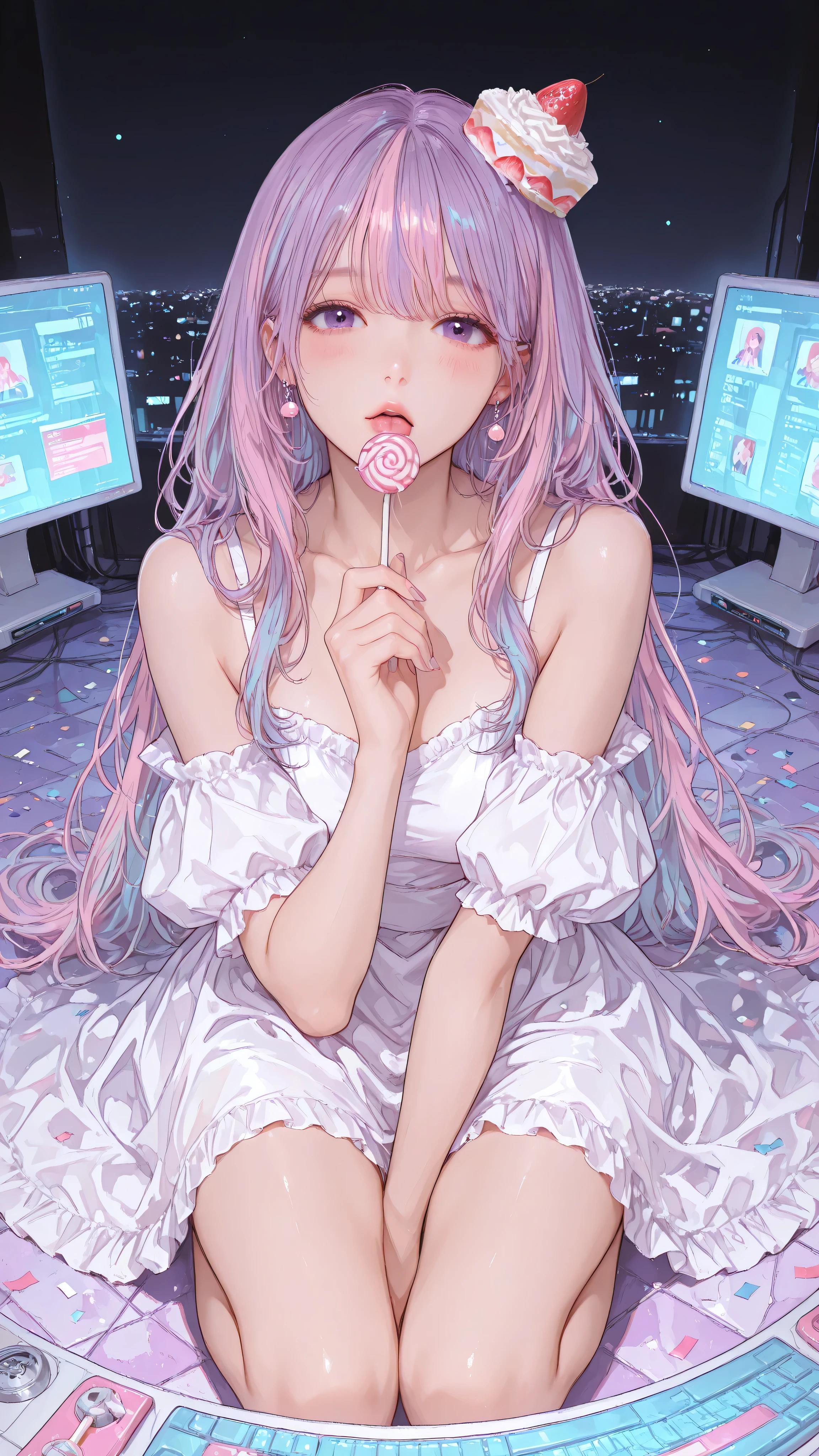 a hyper-realistic full-body portrait of the ultimate “sweet hacker” woman, emerging gracefully in a magnificent cake dress whose cascading creamy frosting layers are lavishly decorated with vivid pastel strawberries, neon sugars, and candy blossoms. perched on her head is a whimsical mini-tiered cake hat sprinkled with playful confetti. she stands before a constellation of floating holographic displays suspended in midair, gaze fixed on the interfaces as one hand rests elegantly on a sleek futuristic holographic keyboard, fingers dancing across luminous keys, orchestrating a dazzling cyber intrusion, while her other hand holds a pastel swirl lollipop candy with a candy-striped stick near her lips. her flawless luminous skin radiates exquisite softness, her ultra-beautiful face framed by flowing silken hair, and her sensual, elegant silhouette exudes irresistible allure. her expression blends happiness with shy embarrassment, cheeks softly flushed. the displays visualize her network breach as if it were a game—firewall gates unfolding, progress bars filling, sugar-light packets racing through glowing grid architectures. the scene is set in a surreal neon-drenched digital banquet hall, dreamlike and majestic, where candy confetti and data-fireflies sparkle in the air. cinematic FLUX-style lighting with soft bokeh, prismatic highlights, dynamic rim lighting, deep depth of field, and a dramatic low-angle perspective emphasize ultimate feminine beauty with tasteful ultra-sensual charm. --style FLUX --v 6 --ar 9:16