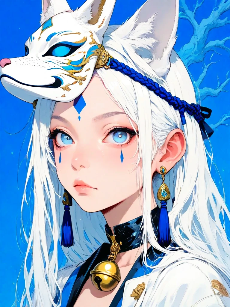 (masterpiece, best quality:1.2), 1girl, solo, long_hair, looking_at_viewer, blue_eyes, closed_mouth, jewelry, white_hair, earrings, choker, lips, bell, mask, blue_background, facial_mark, portrait, tassel, mask_on_head, fox, cat_mask