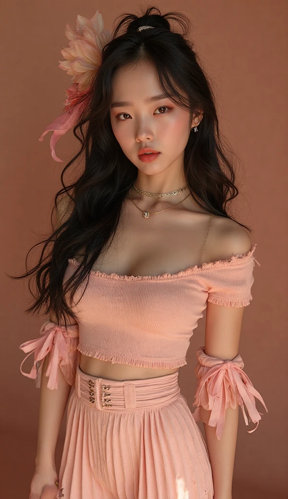 Kim Jennie with white brown hair, with curlers at the ends, with two bows on each side of the hair, all her hair white brown, with a star clip in her white brown hair, light colored eyes, pretty eyes, crying eyes, pretty, upturned nose, watery nose, Pretty lips, pink lips, heart and cupid shaped lip, pretty skin, pale, White skin, with moles and freckles all over his face, soft pink blush on the cheeks, natural pink blush, soft pink makeup, Jennie, nice neck, marked collar, frown, tender look, with a kiss necklace, a pretty kiss necklace, similar to Yumeko Jabami, while wearing a Crochet YK2, woolen, with a YK2 style brown , while wearing stockings, secretary stockings, medias sexy, while having a  abdomen, Delgado, marked and pretty, (big breasts, soft breasts, nice breasts), while she is cosplaying the character Yumeko Jabami, The anime Kakegurui, looking to the camera