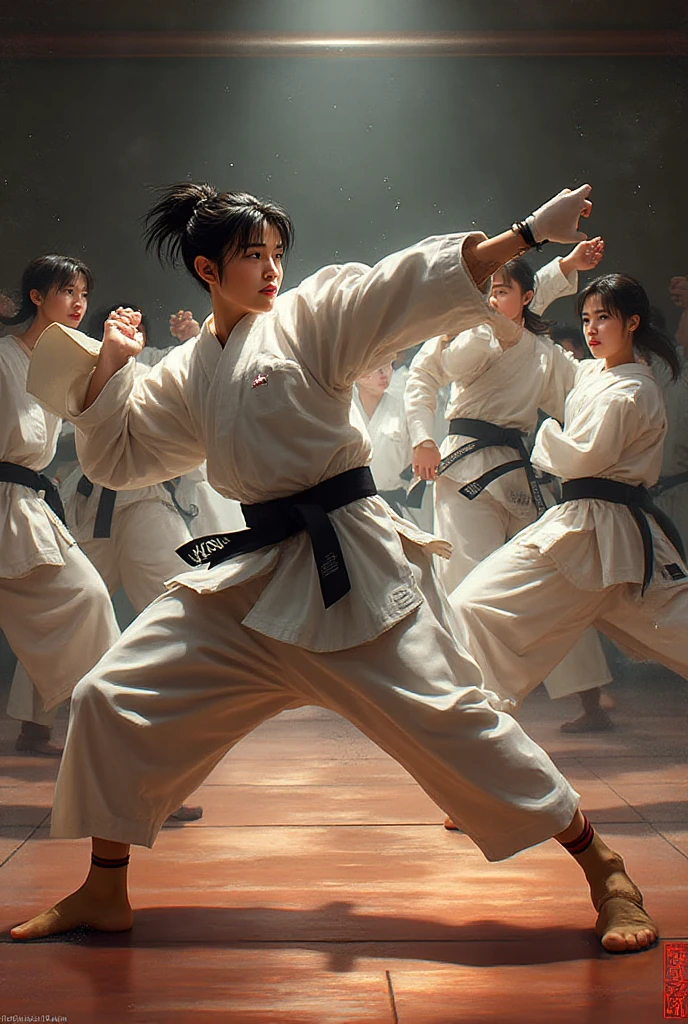 Na imagem, A full-body taekwondo fighter stands out in a dynamic pose that conveys strength and determination. O pano de fundo cores moderna onde o lutador aparece de corpo inteiro, illuminated by a soft light that enhances the details of the fighter and creates an environment of focus and intensity. O lutador veste um dobok, o uniforme tradicional do taekwondo, with a black necklace that symbolizes a high level of mastery in the martial art. The dobok is white and impeccably clean, emphasizing the purity and discipline of taekwondo practice. The sleeves and pants of the dobok have a modern and elegant cut, allowing fluid and fast movements. The wrestler's black belt is carefully tied at the waist, indicando seu status como um mestre na arte do taekwondo. The sash is worn with pride and reverence, representing years of dedication, Hard training and enhanced skill acquisition. The fighter is in a position of readiness, with feet shoulder-width apart and knees slightly bent. The fists are clenched and close to the body, prontos para desferir poderosos chutes e socos a qualquer momento. The fighter's gaze is fixed and concentrated, reflecting the focused mindset needed to meet any challenge. Your body is positioned sharply, with visible muscles under the skin of the dobok, highlighting your fitness and strength. The wrestler's hair is pulled back in a bun, mantendo-o afastado do rosto e dos olhos, allowing a clear view of your opponents. The pose chosen for the poster captures the moment leading up to the action, when the fighter is about to initiate an explosive move. This visual representation conveys the essence of taekwondo: a unique combination of technical skill, mental control and physical agility. A legenda do cartaz pode ser algo como "inner strength. Exterior Determination. Taekwondo."