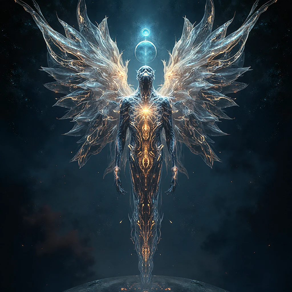Cosmic Fallen Angel, Biomechanical, eerie, Creepy, nightmarish, light particles, Mshiff, wallpaper art, UHD wallpaper, glowing light eyes, very bright colors