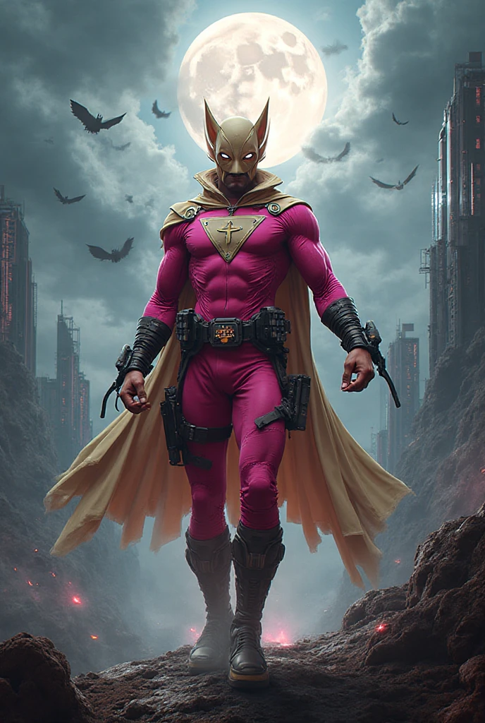 Malaysia man in high-tech suit, vivid effects, malaysian superhero (KELUANG MAN) in a striking pink and brown beige costume cyberpunk design((, mask small mini bat ear beige,)) daredevil beige mask, jumpsuit dark pink stands confidently in a dramatic.jumping from high place.hero costume.one hand rise up. (Big triangle logo on the .high detail Punisher logo on the )). jumping from hight place. Fighting pose , stormy landscape. ((Head covered node guard like batman. Running pose , athletic body type, small mini ear bat mask))The character wears domino mask a helmet with pointed mini torn ears and a flowing cape biege, open nose and mouth. Equipped with visible futuristic weapons on a belt,bullet proof jacket pink dark day.show fingers pose, dark night, big supermoon effect . Small logo on  triangle shape small ((mitch gerads punisher ))logo center triangle cyber logo center on  pink logo mini logo . rocky. Building top.smoke ground , bomb effect background, losse pants, losses costume.adding to --ar 3:4 --style raw --stylize 500 --v 6.1. chaos. Lot of small flying bat. One leg on the high stone. Man. Backpack . Real man age 40 year old. One hand holding belt.
