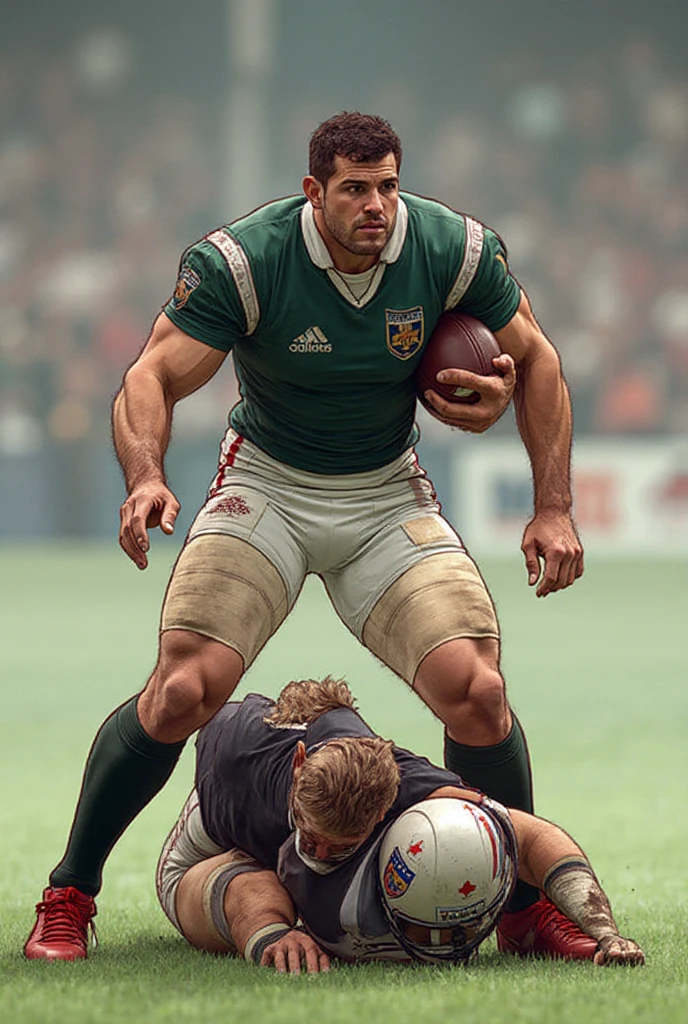 1 sexy African American twink with semi-short hair and a lot of body hair, He is super strong with a lot of muscle., completely , holds a rugby ball, unos 3 chicos afroamericanos  lo persiguen en la cancha y lo montan, rough play, , sweaty bodies.