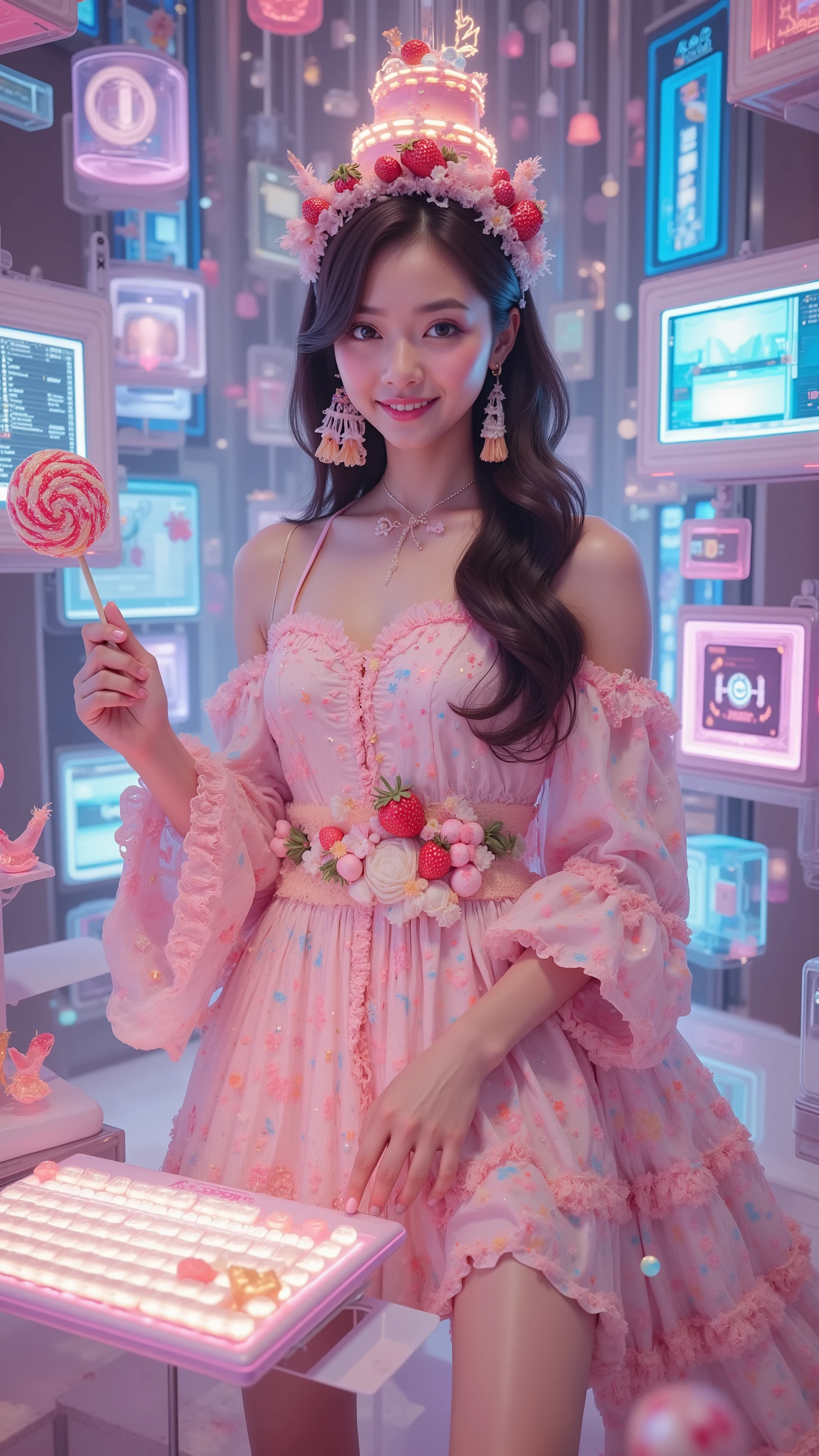 a hyper-realistic full-body portrait of the ultimate “sweet hacker” woman, emerging gracefully in a magnificent cake dress whose cascading creamy frosting layers are lavishly decorated with vivid pastel strawberries, neon sugars, and candy blossoms. perched on her head is a whimsical mini-tiered cake hat sprinkled with playful confetti. she stands before a constellation of floating holographic displays suspended in midair, gaze fixed on the interfaces as one hand rests elegantly on a sleek futuristic holographic keyboard, fingers dancing across luminous keys, orchestrating a dazzling cyber intrusion, while her other hand holds a pastel swirl lollipop candy with a candy-striped stick near her lips. her flawless luminous skin radiates exquisite softness, her ultra-beautiful face framed by flowing silken hair, and her sensual, elegant silhouette exudes irresistible allure. her expression blends happiness with shy embarrassment, cheeks softly flushed. the displays visualize her network breach as if it were a game—firewall gates unfolding, progress bars filling, sugar-light packets racing through glowing grid architectures. the scene is set in a surreal neon-drenched digital banquet hall, dreamlike and majestic, where candy confetti and data-fireflies sparkle in the air. cinematic FLUX-style lighting with soft bokeh, prismatic highlights, dynamic rim lighting, deep depth of field, and a dramatic low-angle perspective emphasize ultimate feminine beauty with tasteful ultra-sensual charm. --style FLUX --v 6 --ar 9:16
