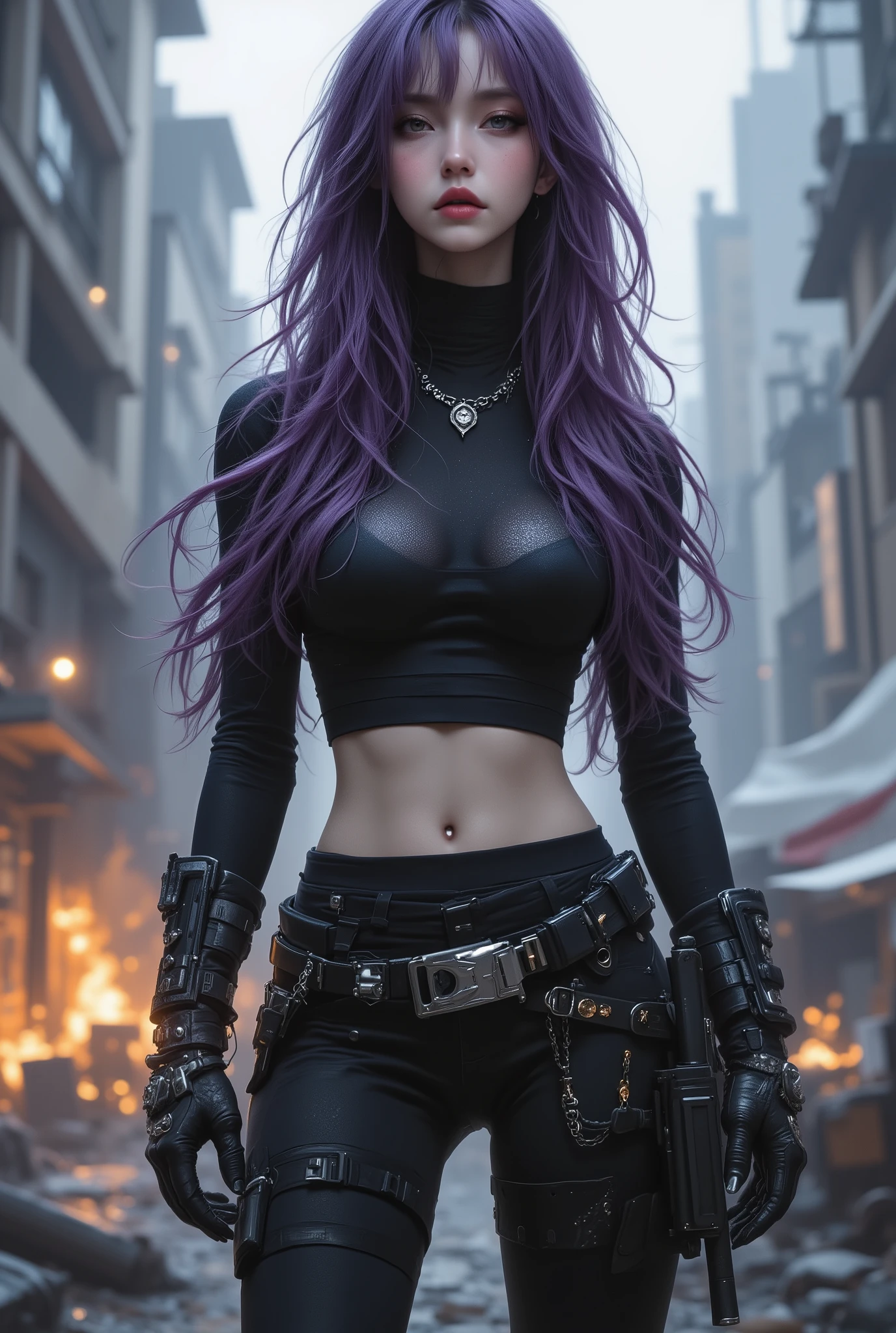 extremely tight cyberpunk suit、beautiful long hair、a dim cyberpunk city with lots of weapons on your back、beautiful pale violet eyes、dark purple hair、Shootout shrouded in fire and white smoke、People have been evacuated and no one has、Destroyed Buildings、Car Destroyed by Machine Gun、assault rifles