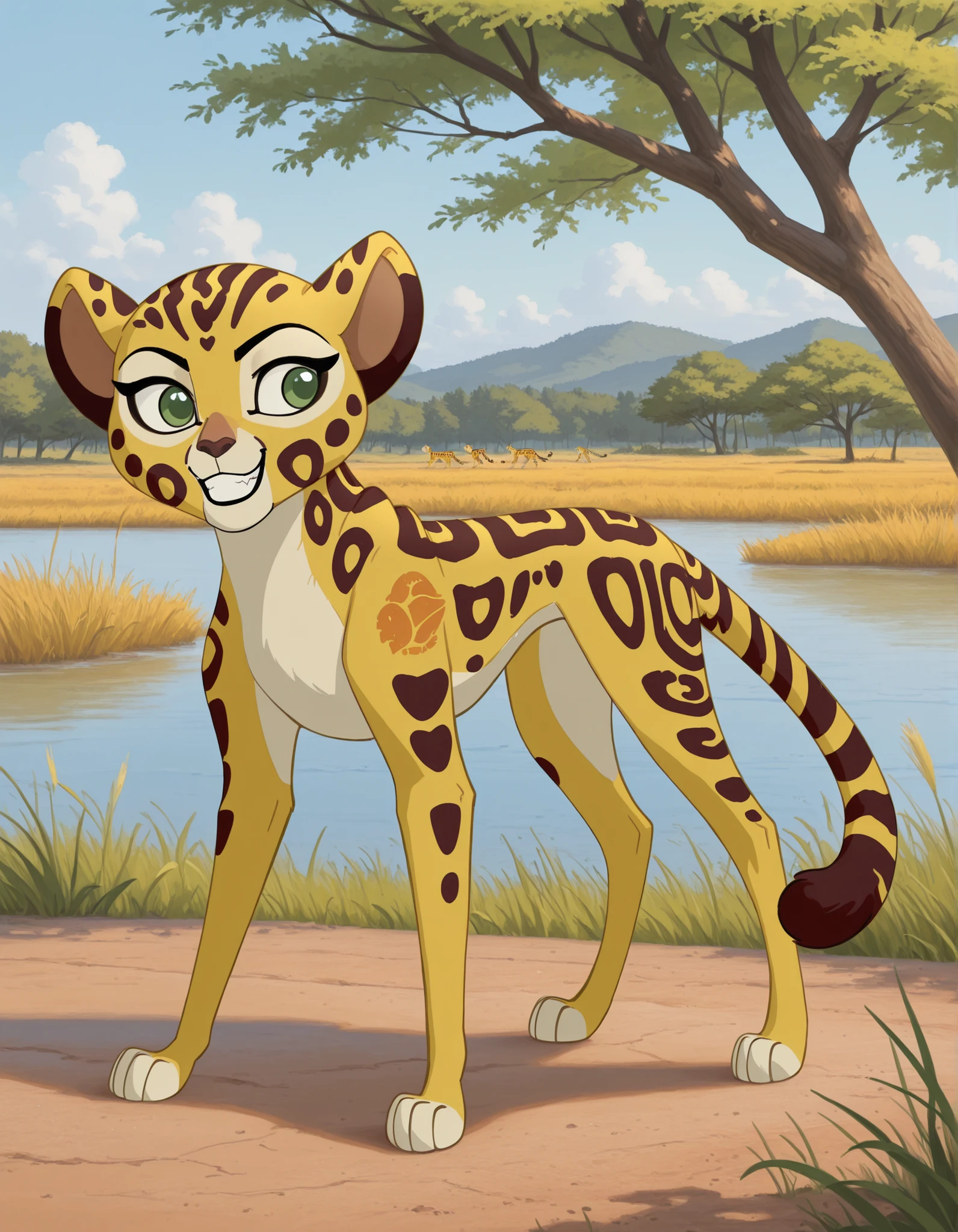 impressionist painting, impasto, watercolor, best quality, high res, very aesthetic, realist, masterpiece,
(solo), 
1girl, Fuli, feral, cheetah, green eyes, ears, tail, 
Mark_of_the_Guard, 
standing, grin, posing, 
savannah, trees, lake, 
full body shot, 