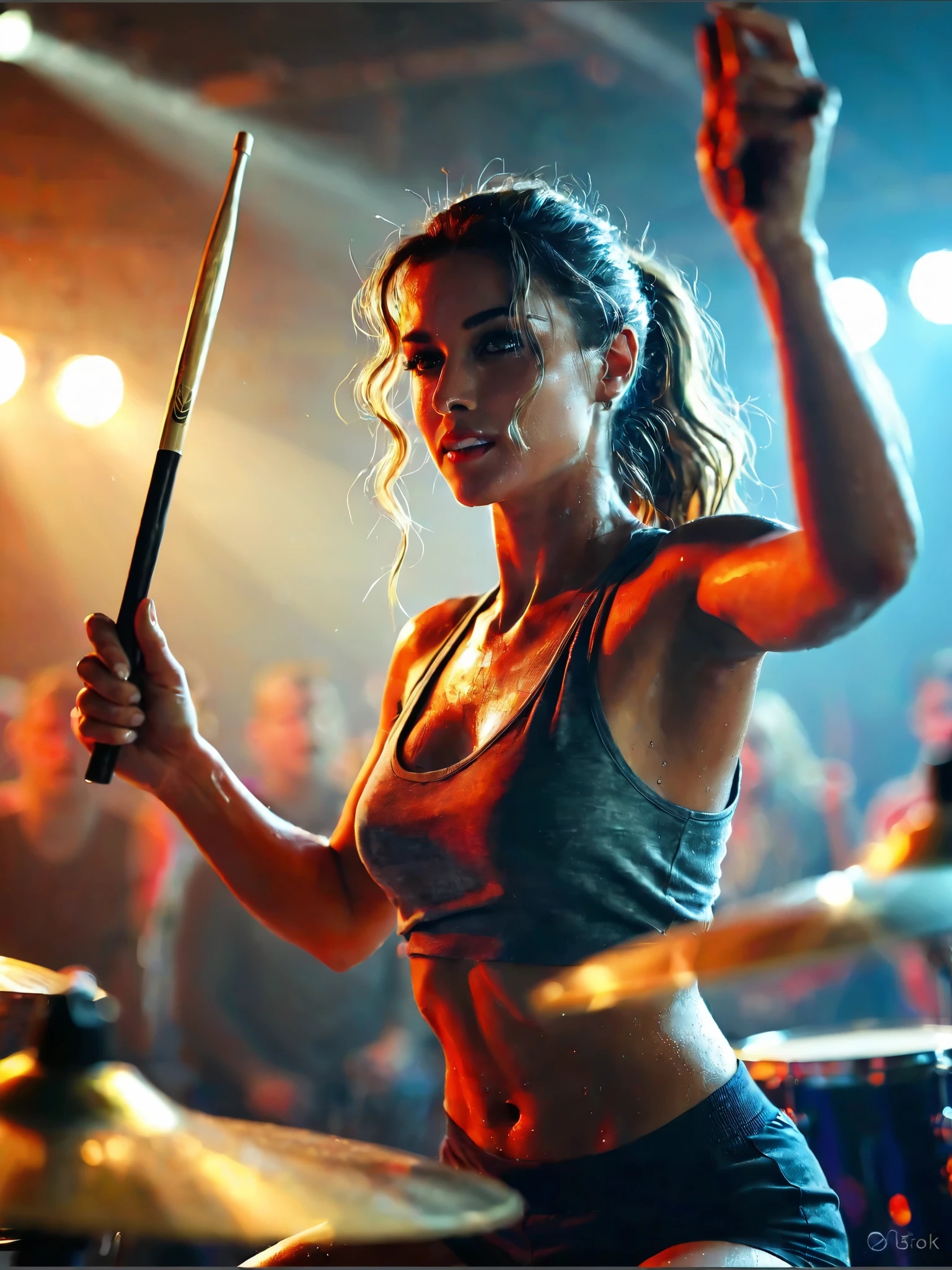 Quality:
8K, highly detailed,handfixer, perfecteyes, face03
masterpiece, ultra high res, photo-realistic skin, best quality
RAW photo, ultra-detailed lighting, detailed background blur

Key Features:
1 Girl

Style:
photorealistic:1.3, ultra detailed, realistic skin texture, cinematic lighting
soft painting:0.7

Effects:
Soft Focus:1.7, DOF:1.7, boke: 1.7
soft brightness
high saturation
soft contrast

break

Composition:
upper body,
dynamic angle,
fisheye lens,
foreground
Pose Details:
face to the side, looking ahead,
fist pump,
arms up,
kicking
Lighting:
backlighting,
rim light,
stage lights,
dynamic lighting
Mood:
vibrant,
glowing,
colorful lighting
Color Palette:
warm glow,
red tone,
darkness
Details:
highly detailed beautiful face and eyes,
detailed skin,
sweat,
oiled skin
break
Person:
Hairstyle:
messy hair,
long hair
Hair color:
black hair
break
Gaze:
looking ahead
Eye color:
brown eyes
break
Lip color:
parted_lips
break
Facial Features:
detailed face,
raise the corner of the mouth,
determined expression
Body Type:
athletic female,
muscular female,
toned
Height:
tall
Chest:
medium breasts
Hips:
curvy figure
break
Costume:
Outfit:
tank top,
tight shorts
Innerwear:
sport bra
Props:
drum sticks,
wristband,
tattoo
Situation:
night,
concert atmosphere
Background:
stage lights,
audience,
crowd
break
others:
drummer, sweatdrop, energy, drums, passionate, fiery, rhythm, performance