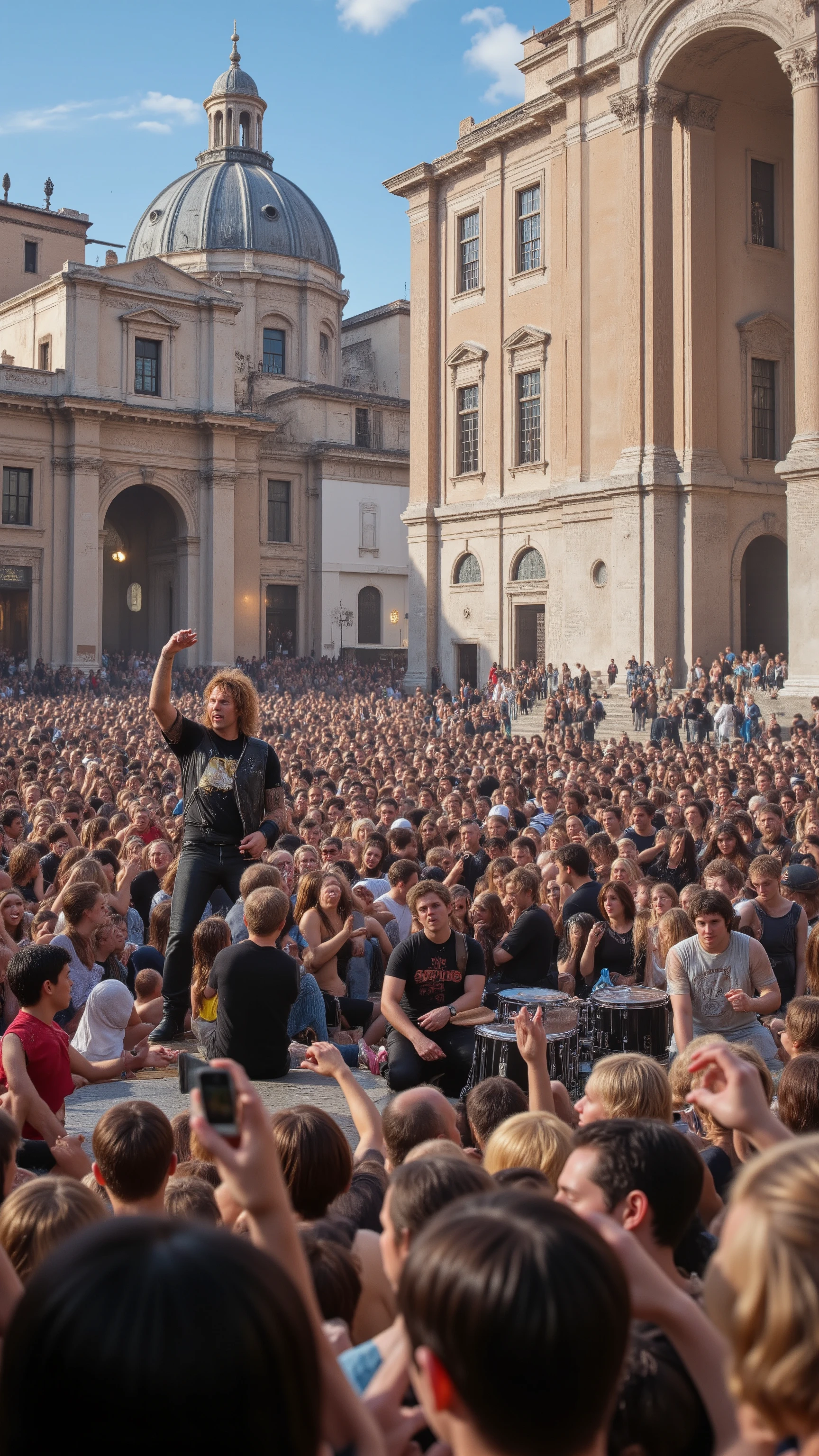 high-definition images、rock band（Mr. Big）The flash mob、is applauded by the audience in Rome's square with twin drums, guitar, and bass、