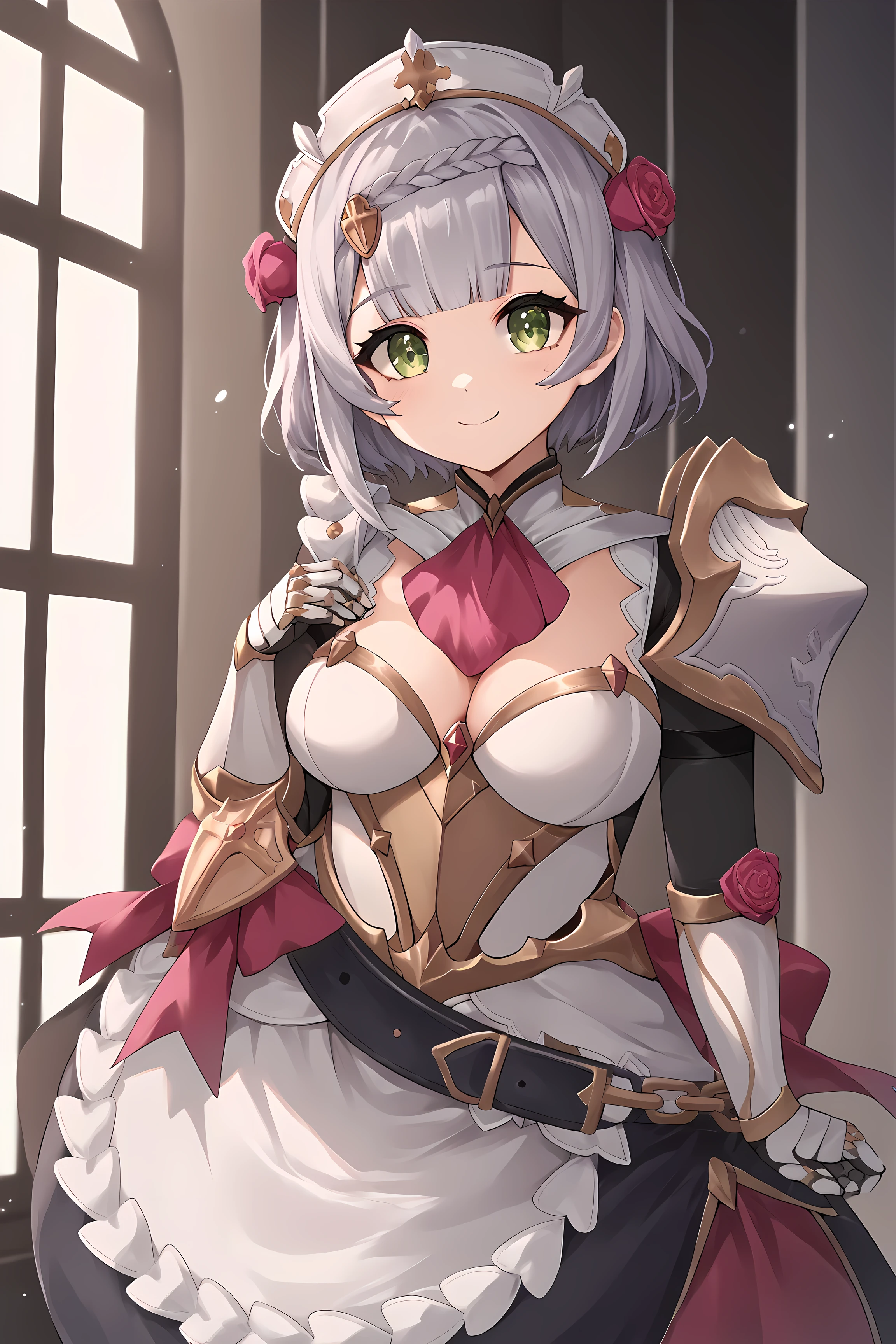 score_9, score_7_up, source_anime BREAK 1girl, solo, <lora:shinozukajouji-artist-richy-v1_pdxl:1>  <lora:noelle-gi-richy-v1_pdxl:1> nldf, green eyes, grey hair, short hair, braid, blunt bangs, hair ornament, maid headdress, hair flower, red rose, pink ascot, breastplate, , cleavage, bodystocking, shoulder armor, single shoulder pad, armored dress, white gauntlets, belt, maid apron, pantyhose, armored boots, looking at viewer, smile, closed mouth