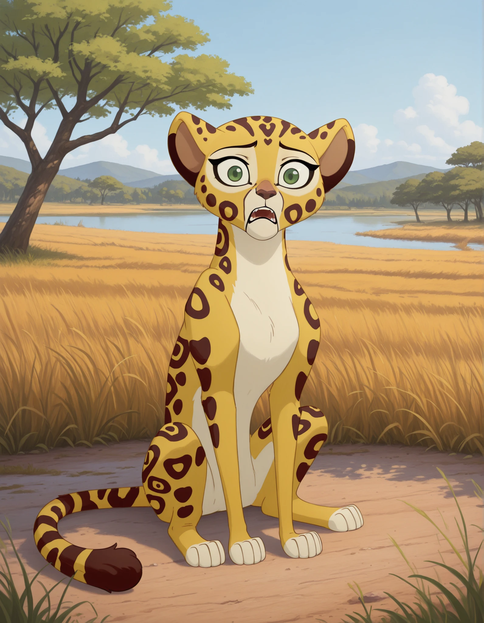impressionist painting, impasto, watercolor, best quality, high res, very aesthetic, realist, masterpiece,
(solo),
1girl, Fuli, feral, cheetah, green eyes, ears, tail,
sit, scared, looking at viewer,
savannah, trees, lake,
full body shot, front view,