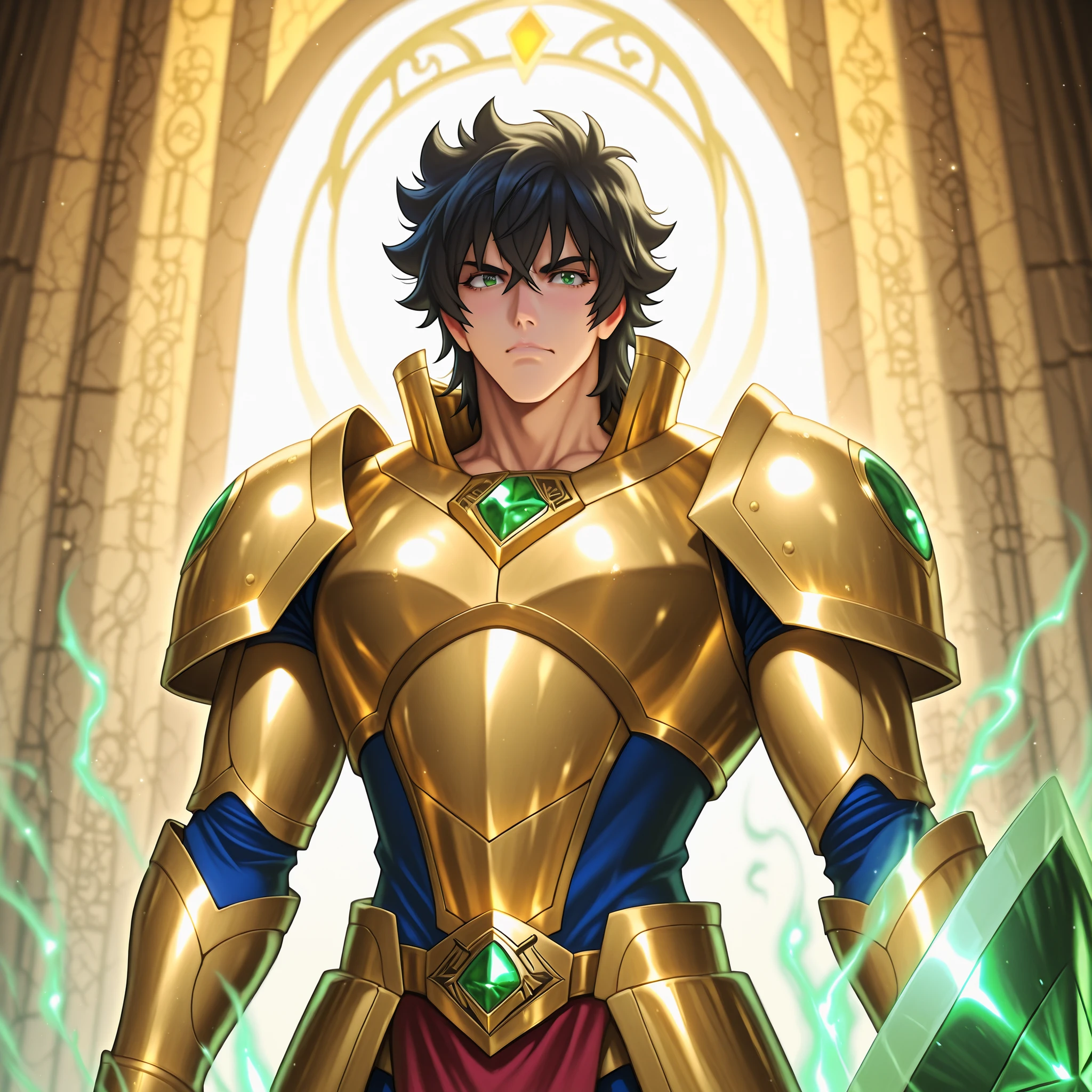 Highly detailed anime-style fantasy illustration with vibrant lighting and divine atmosphere.
Naofumi Iwatani from The Rising of the Shield Hero stands proudly wearing the Gold Cloth of Libra, inspired by Saint Seiya. His build is athletic and lean, not overly muscular. He has messy black hair, intense green eyes, and a calm but confident expression.
The Libra Cloth shines in radiant gold with intricate mechanical details on the arms and shoulders, symbolizing balance and justice. His Legendary Shield is integrated into the design, glowing faintly with emerald energy.
Background: a temple of golden pillars, bathed in sunlight and cosmic aura.
Heroic pose. Armor gleaming. Smooth and reflective metal.