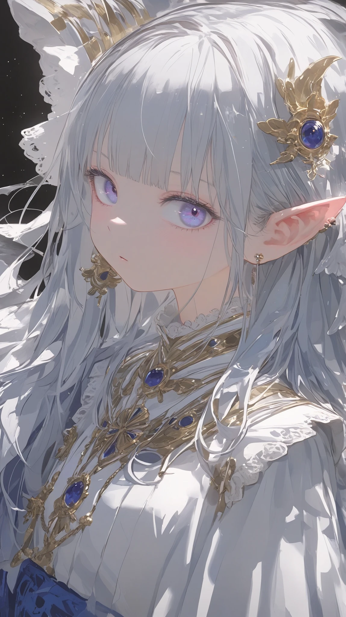 A lupine woman gazing directly at the viewer with piercing lightblue pupils that glow faintly against her charcoal-gray fur. Thick, smudged black mascara frames her eyes dramatically, accentuating their unnatural hue, while deep burgundy lipstick stains her muzzle in a sharp, precise cupid's bow shape. Her ears are perked forward attentively, catching subtle light that highlights silver-tipped guard hairs along their edges. The composition tightly frames her face against an indistinct dark background, drawing focus to the striking contrast between wild features and meticulously applied cosmetics.