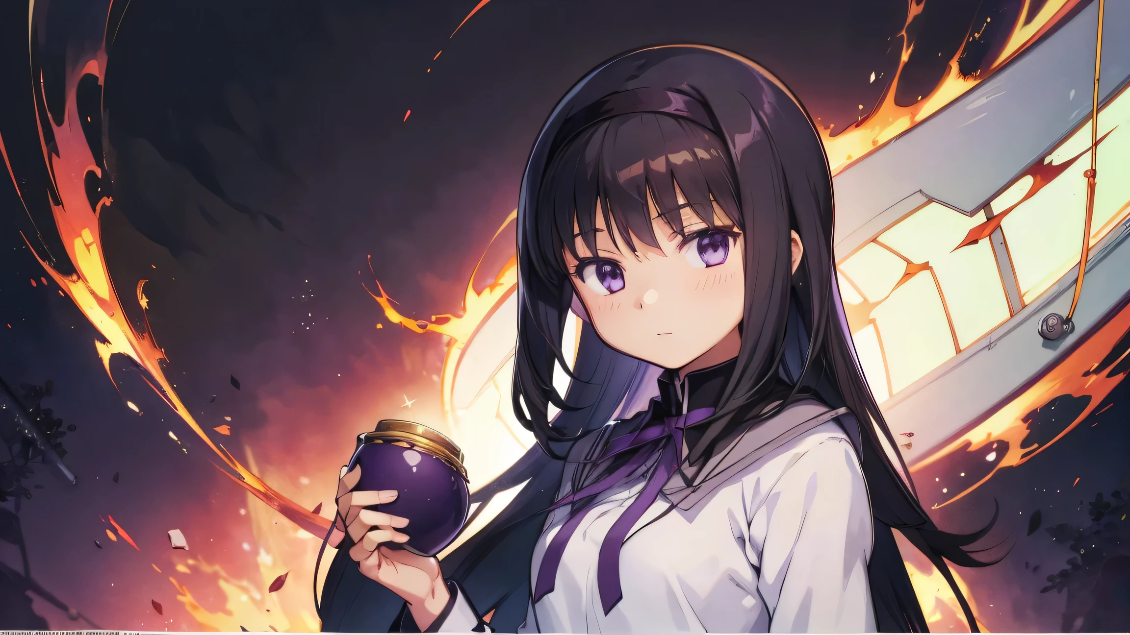  1 girl,   anime girl ,  best quality,  bodybuilding , logic, big,  wallpaper, School, ,  Fascinating ,  Homura Akemi, Flame