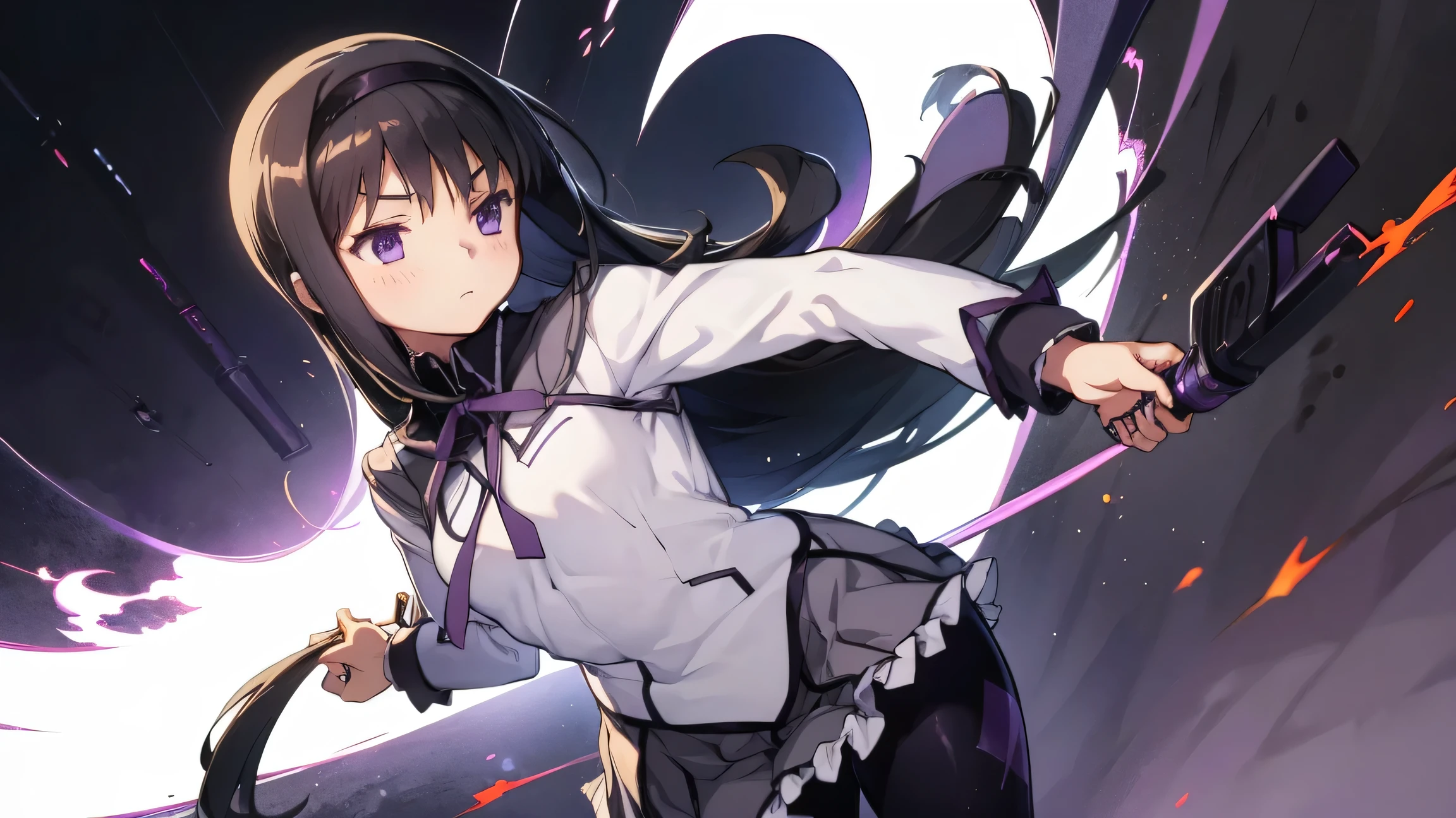 1 girl, anime girl , best quality, bodybuilding , logic, big, wallpaper, School, , Fascinating , Homura Akemi, Flame