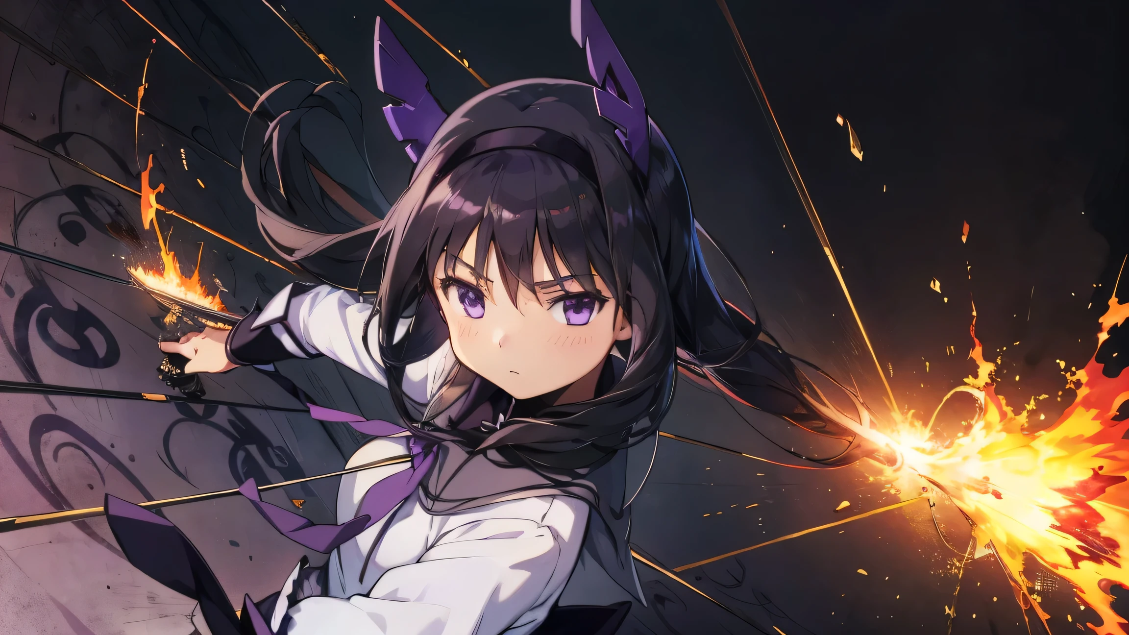 1 girl, anime girl , best quality, bodybuilding , logic, big, wallpaper, School, , Fascinating , Homura Akemi, Flame