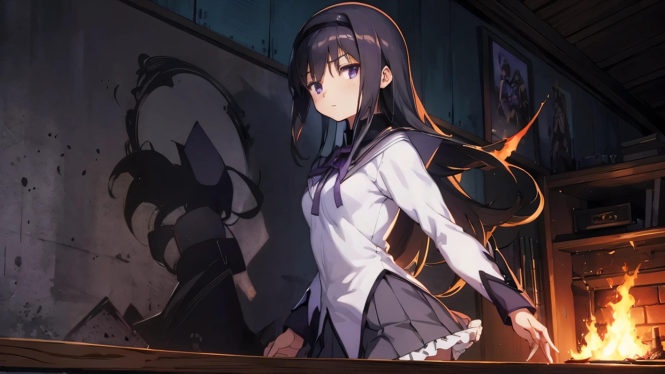 1 girl, anime girl , best quality, bodybuilding , logic, big, wallpaper, School, , Fascinating , Homura Akemi, Flame