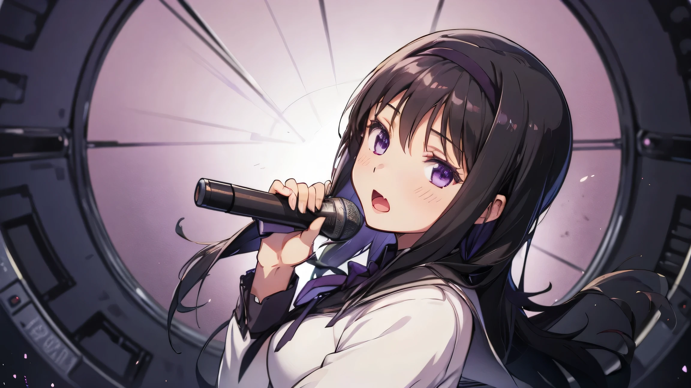 is singing with a microphone、1 Girl, Anime Girl , Highest Quality, Bodybuilding , logic, big, Wallpaper, school, , charming , Homura Akemi, frame