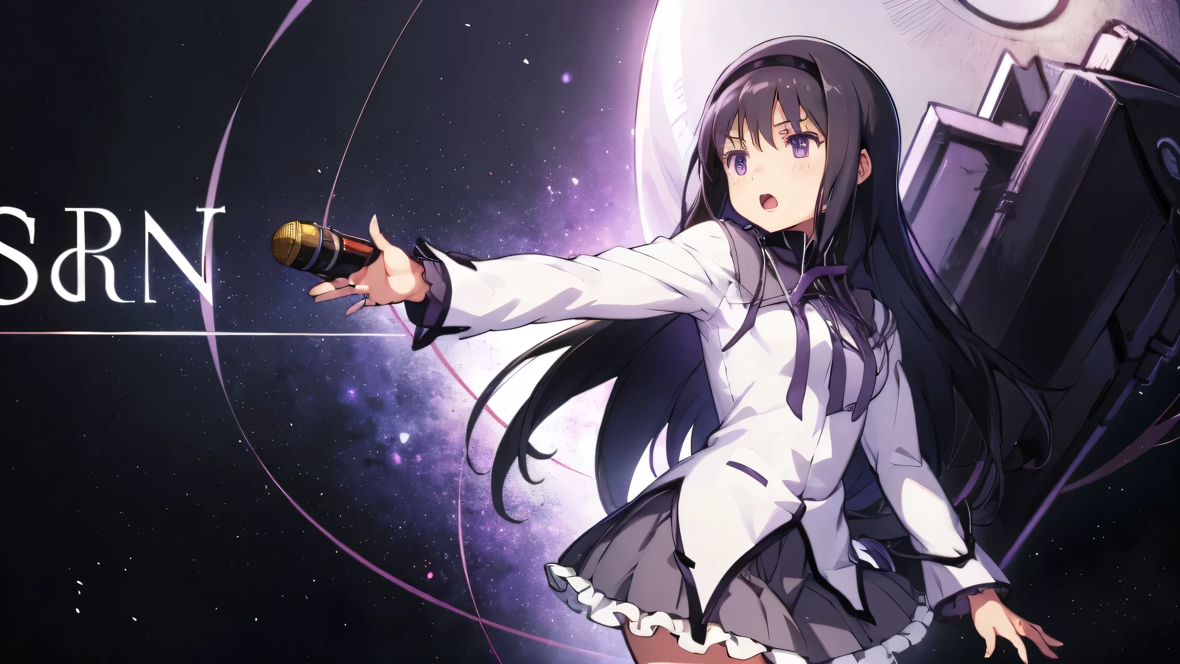 is singing with a microphone、1 Girl, Anime Girl , Highest Quality, Bodybuilding , logic, big, Wallpaper, school, , charming , Homura Akemi, frame