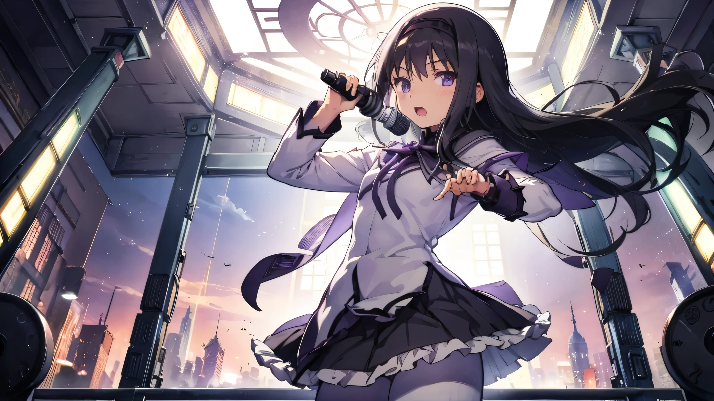 is singing with a microphone、1 Girl, Anime Girl , Highest Quality, Bodybuilding , logic, big, Wallpaper, school, , charming , Homura Akemi, frame