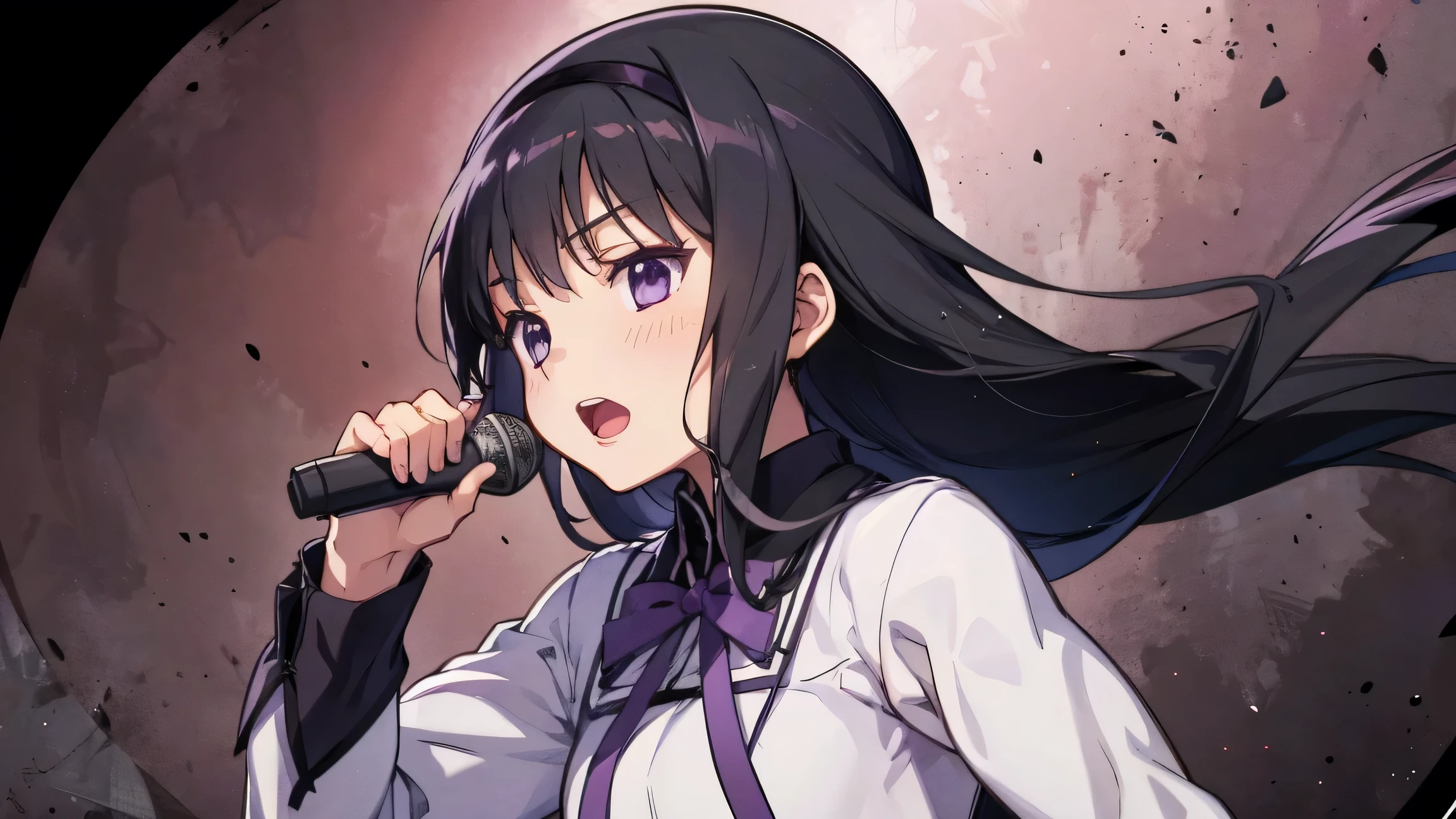 is singing with a microphone、1 Girl, Anime Girl , Highest Quality, Bodybuilding , logic, big, Wallpaper, school, , charming , Homura Akemi, frame